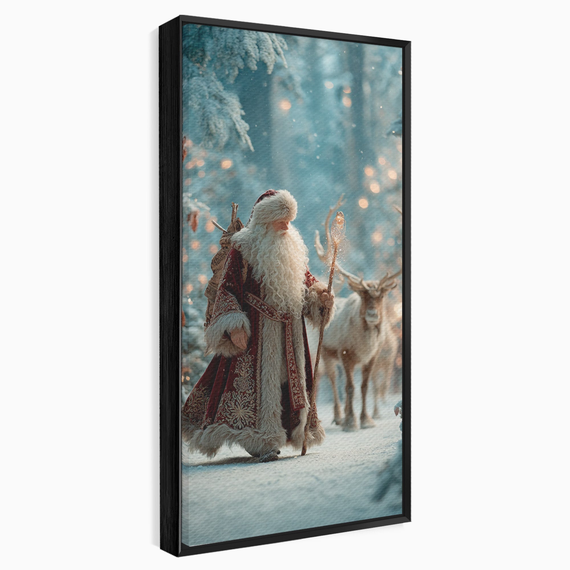 Tablou Canvas Premium LuxCanva® PI1328, Mos Craciun In Padure, Plimbare, Iarna, Padure, Magie, Ren, Sarbatori, Culori Vibrante, Living, Dormitor, Camera Copii