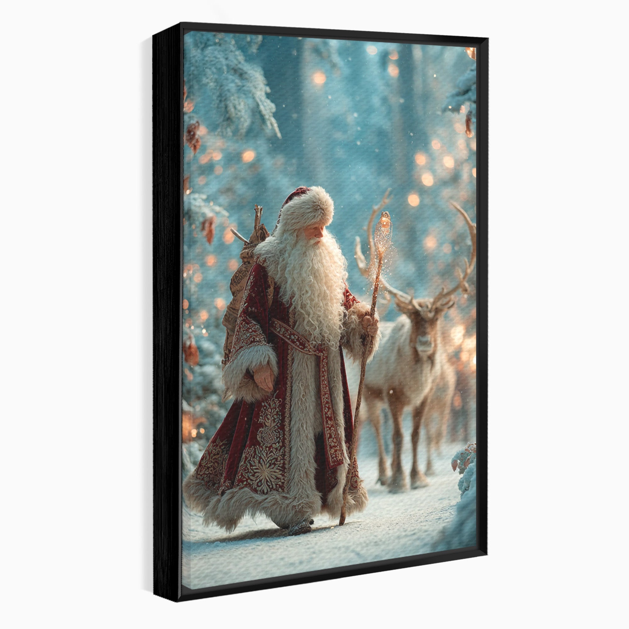 Tablou Canvas Premium LuxCanva® PI1328, Mos Craciun In Padure, Plimbare, Iarna, Padure, Magie, Ren, Sarbatori, Culori Vibrante, Living, Dormitor, Camera Copii