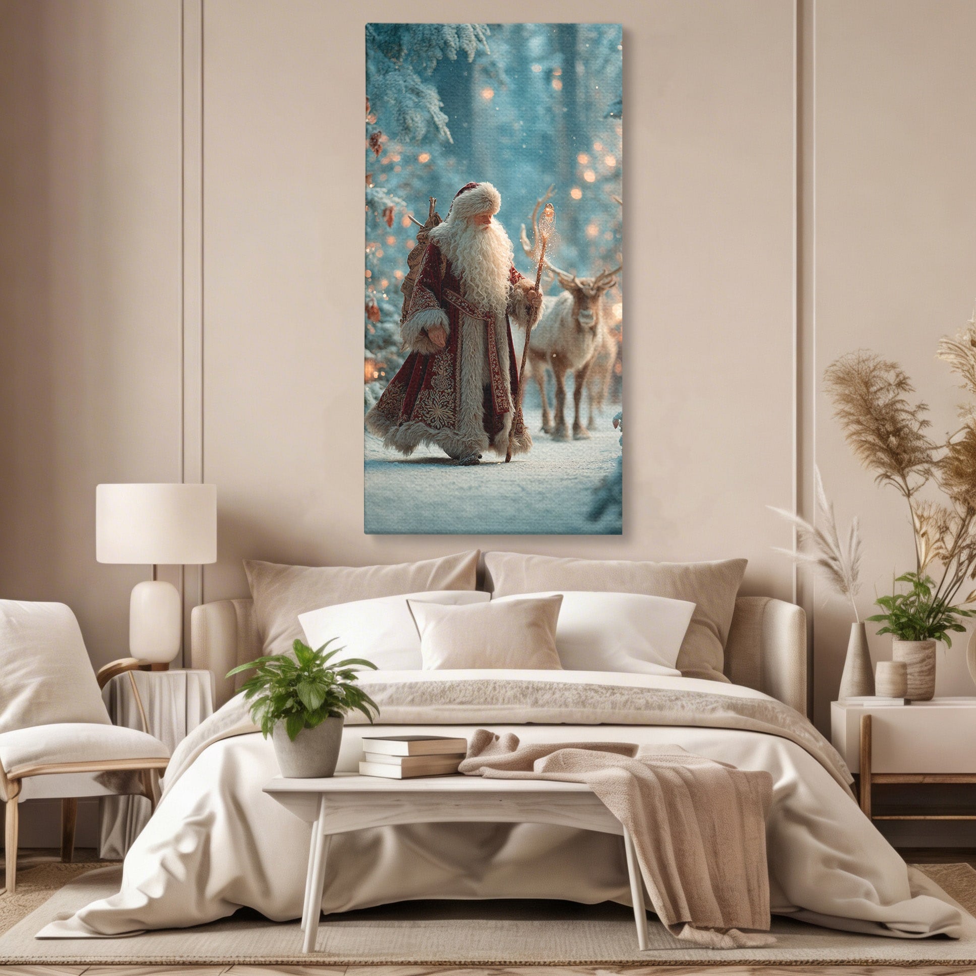 Tablou Canvas Premium LuxCanva® PI1328, Mos Craciun In Padure, Plimbare, Iarna, Padure, Magie, Ren, Sarbatori, Culori Vibrante, Living, Dormitor, Camera Copii