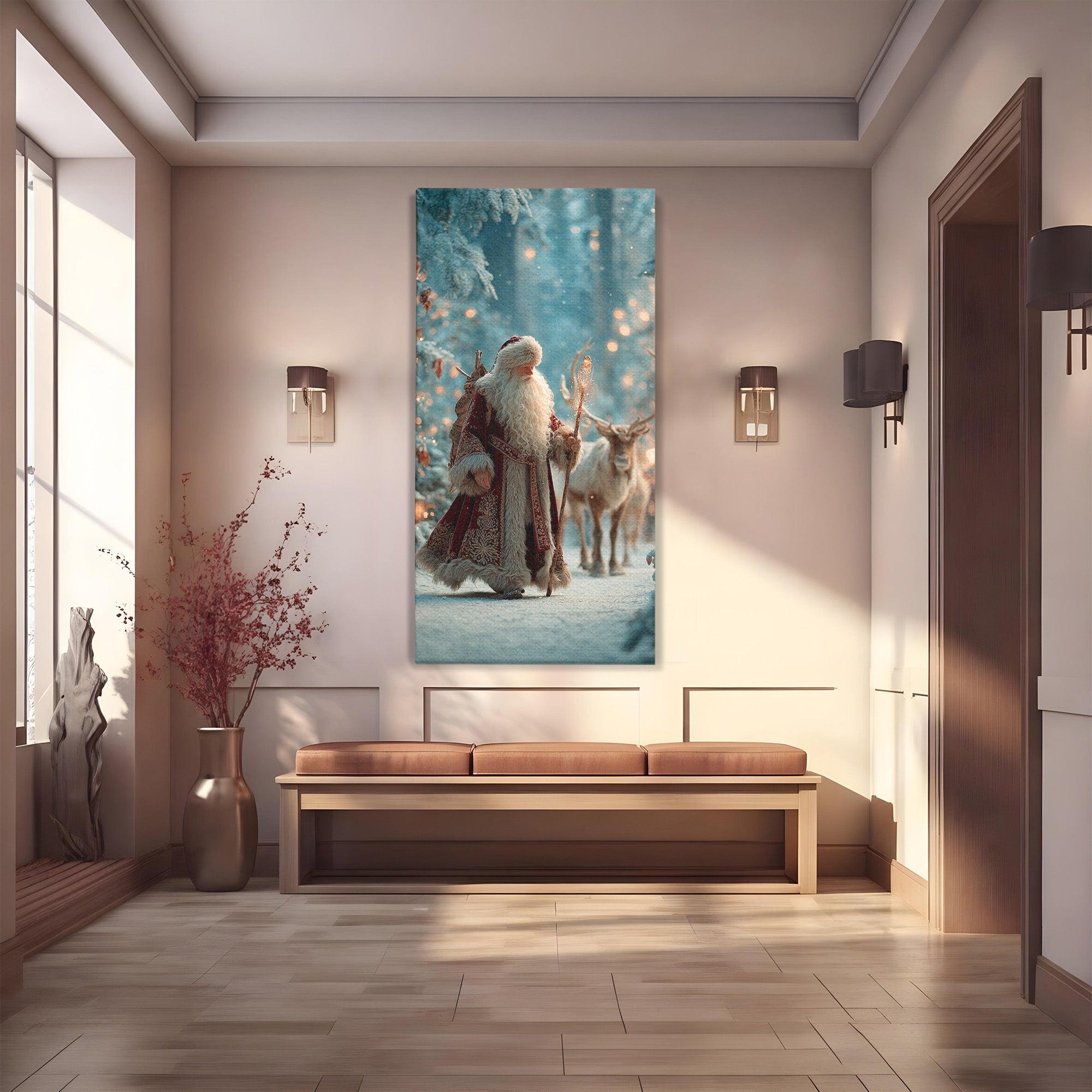 Tablou Canvas Premium LuxCanva® PI1328, Mos Craciun In Padure, Plimbare, Iarna, Padure, Magie, Ren, Sarbatori, Culori Vibrante, Living, Dormitor, Camera Copii