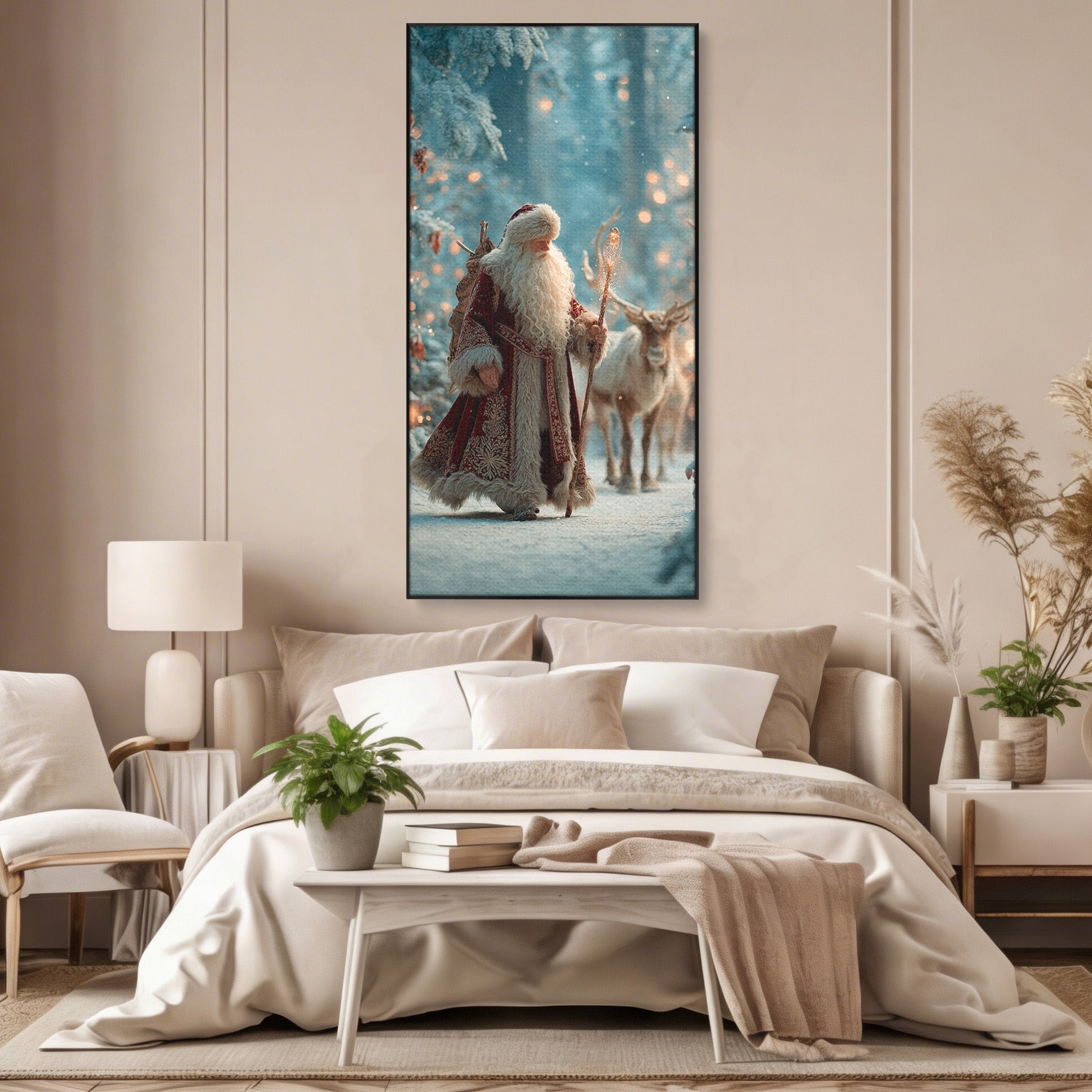 Tablou Canvas Premium LuxCanva® PI1328, Mos Craciun In Padure, Plimbare, Iarna, Padure, Magie, Ren, Sarbatori, Culori Vibrante, Living, Dormitor, Camera Copii