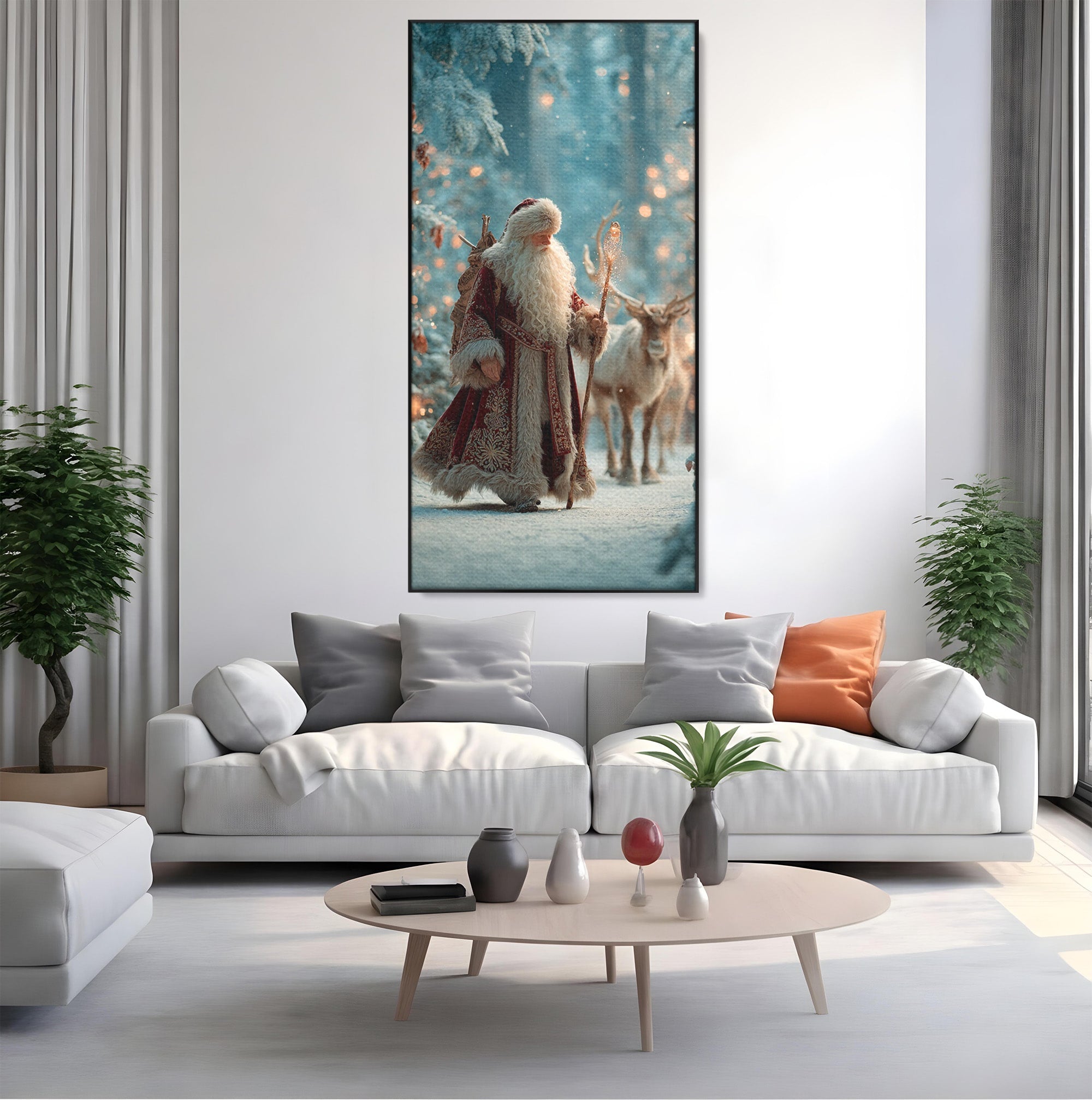 Tablou Canvas Premium LuxCanva® PI1328, Mos Craciun In Padure, Plimbare, Iarna, Padure, Magie, Ren, Sarbatori, Culori Vibrante, Living, Dormitor, Camera Copii