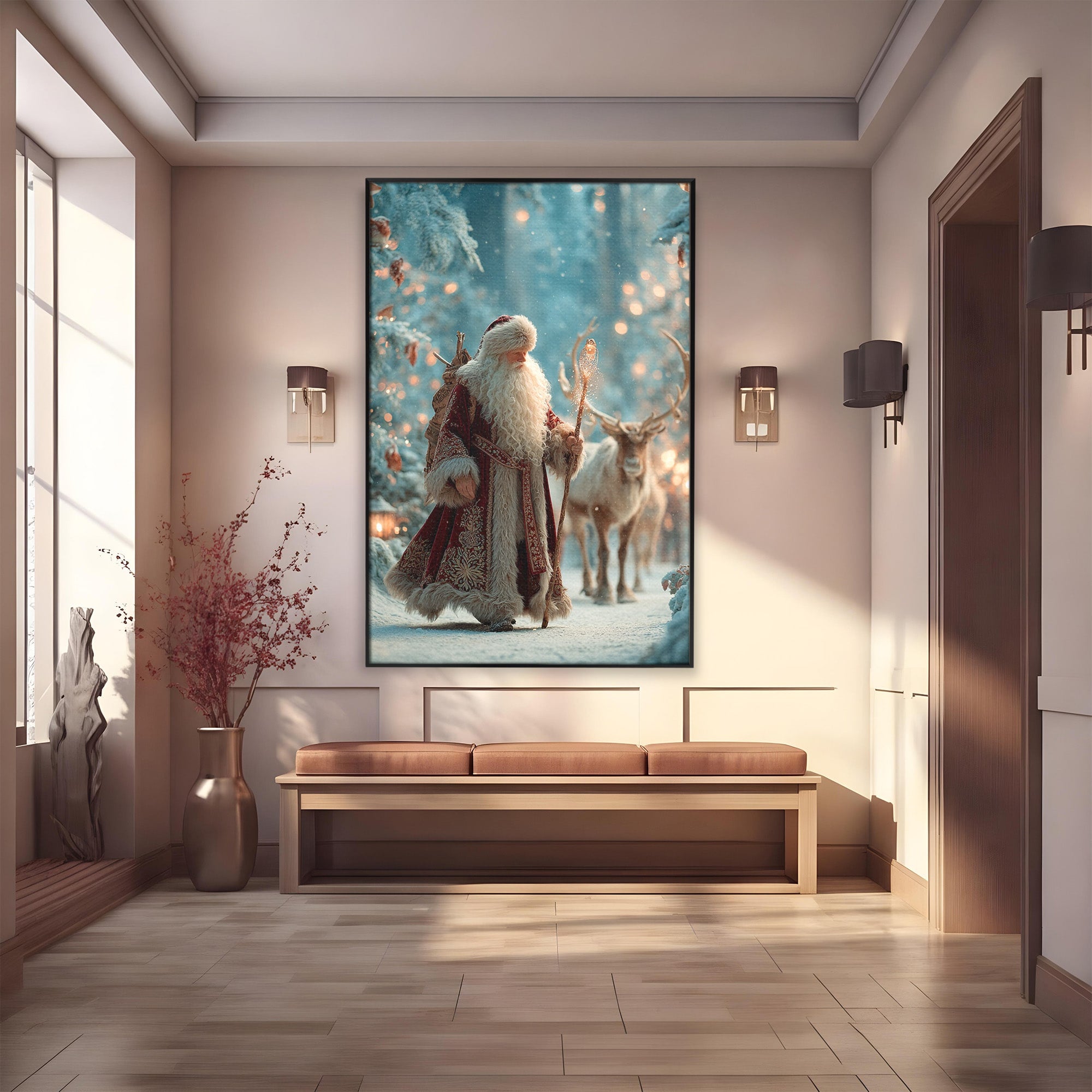 Tablou Canvas Premium LuxCanva® PI1328, Mos Craciun In Padure, Plimbare, Iarna, Padure, Magie, Ren, Sarbatori, Culori Vibrante, Living, Dormitor, Camera Copii