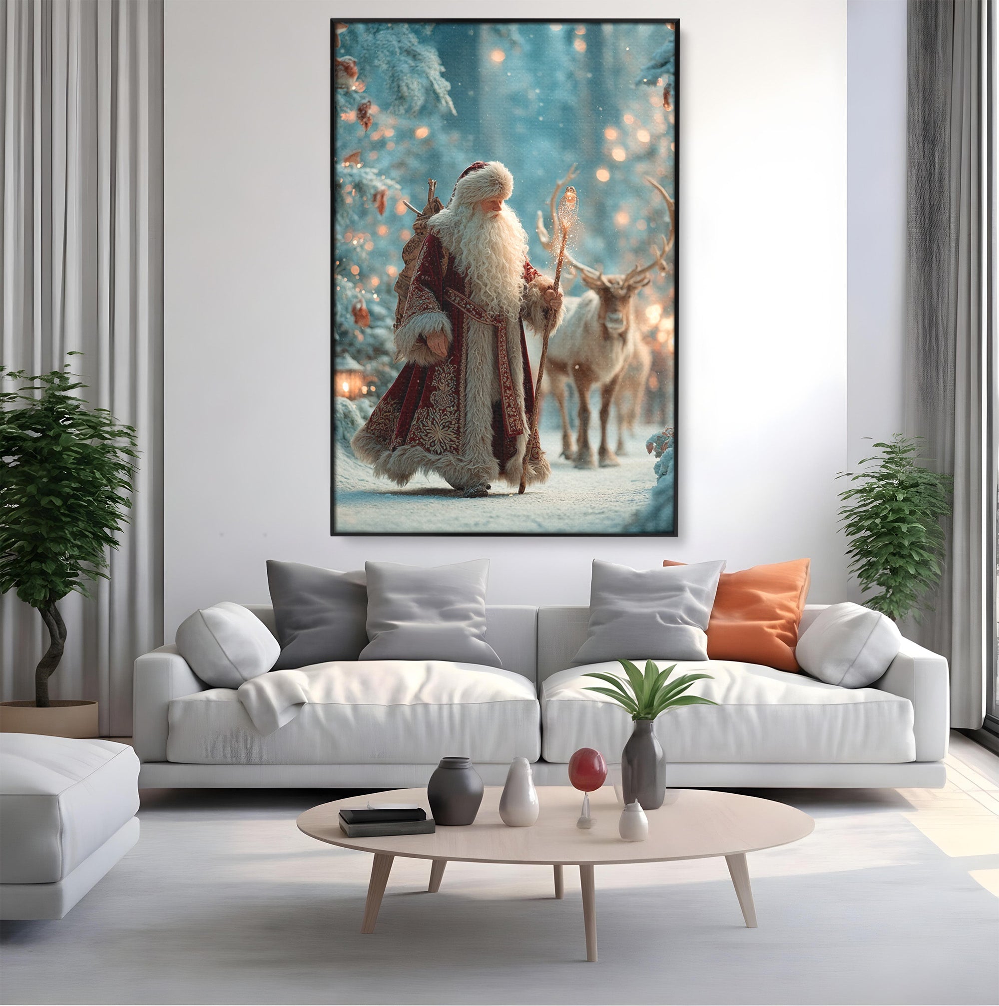 Tablou Canvas Premium LuxCanva® PI1328, Mos Craciun In Padure, Plimbare, Iarna, Padure, Magie, Ren, Sarbatori, Culori Vibrante, Living, Dormitor, Camera Copii