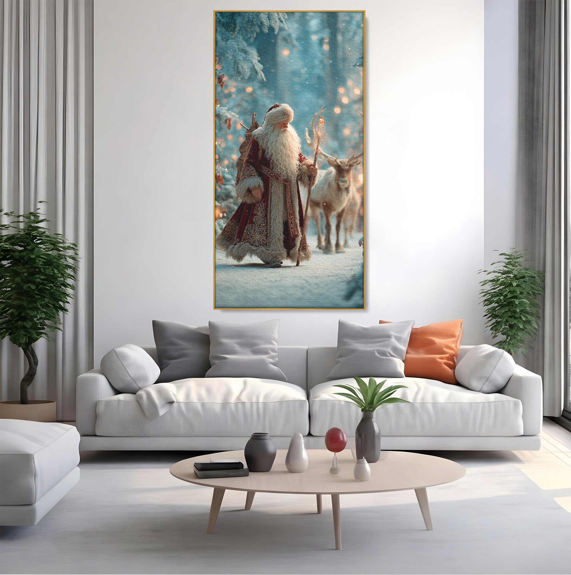 Tablou Canvas Premium LuxCanva® PI1328, Mos Craciun In Padure, Plimbare, Iarna, Padure, Magie, Ren, Sarbatori, Culori Vibrante, Living, Dormitor, Camera Copii