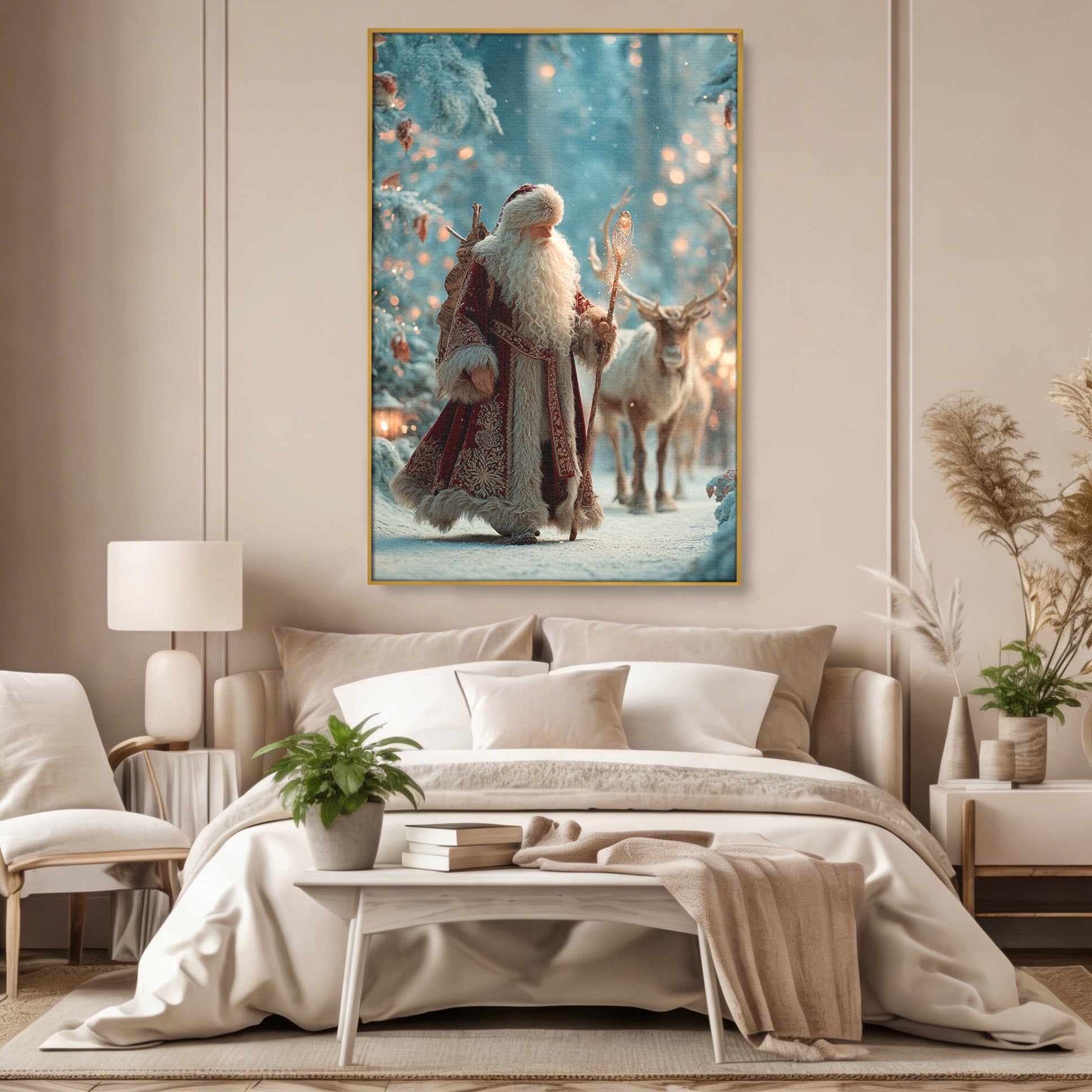 Tablou Canvas Premium LuxCanva® PI1328, Mos Craciun In Padure, Plimbare, Iarna, Padure, Magie, Ren, Sarbatori, Culori Vibrante, Living, Dormitor, Camera Copii