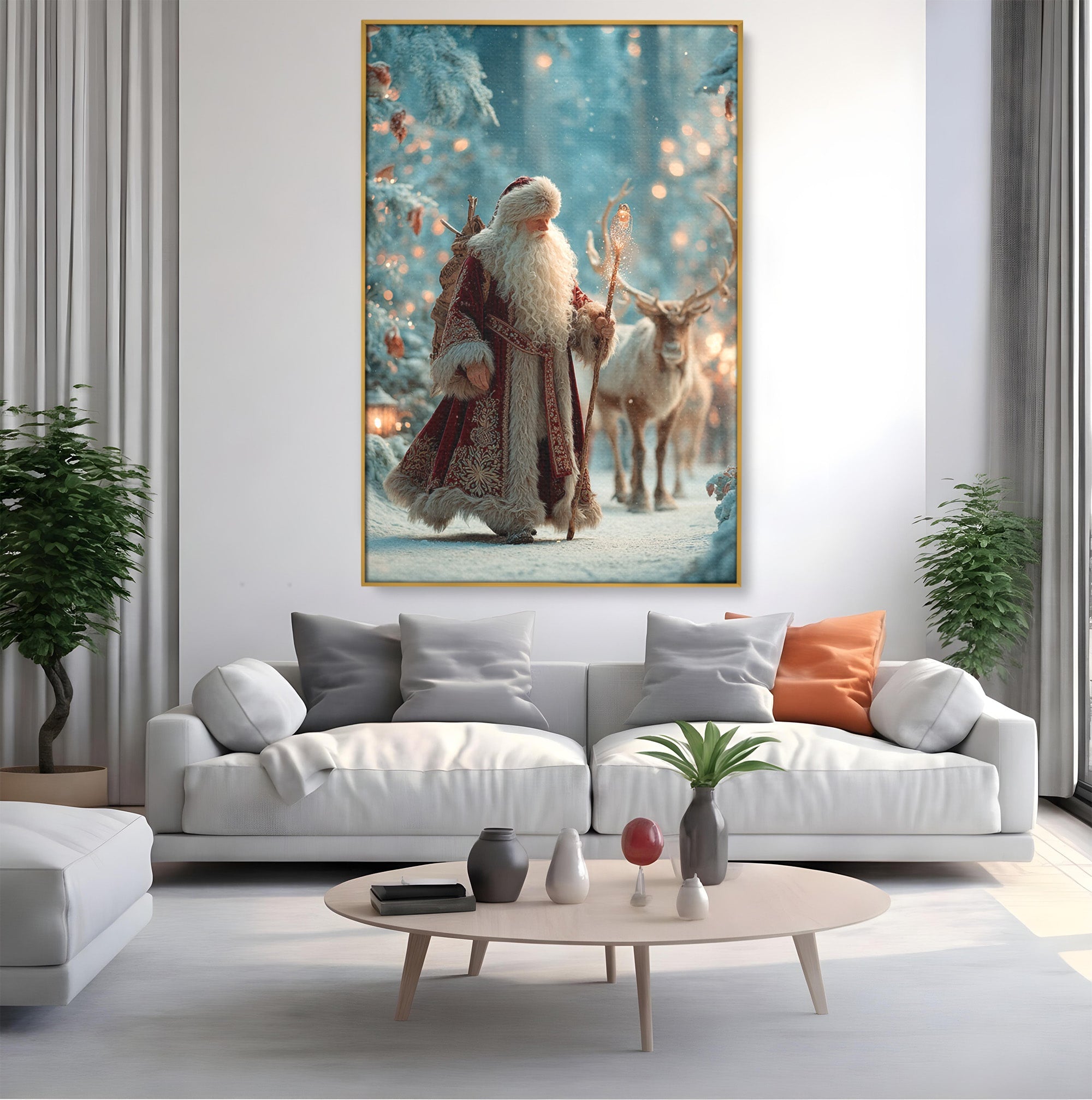 Tablou Canvas Premium LuxCanva® PI1328, Mos Craciun In Padure, Plimbare, Iarna, Padure, Magie, Ren, Sarbatori, Culori Vibrante, Living, Dormitor, Camera Copii