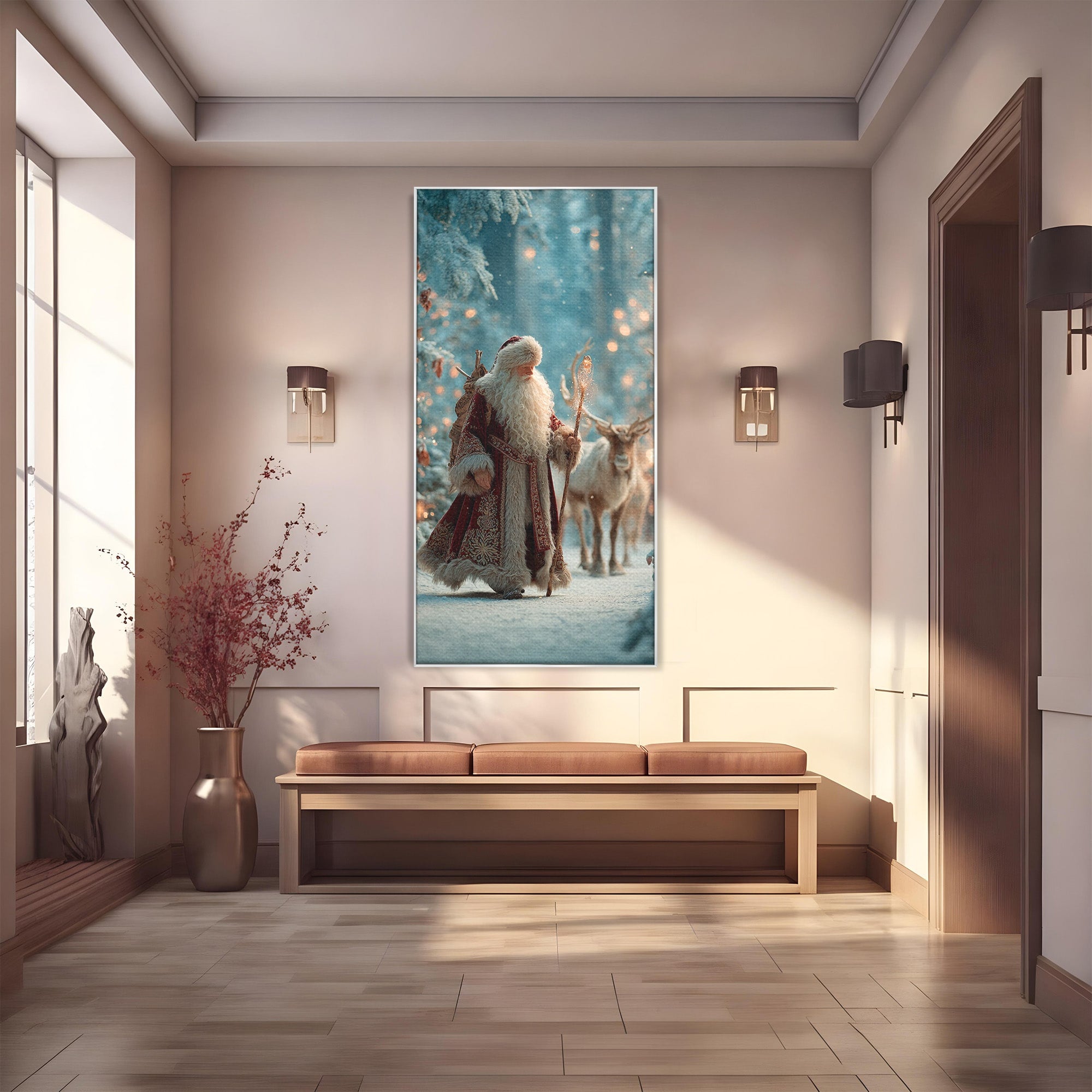 Tablou Canvas Premium LuxCanva® PI1328, Mos Craciun In Padure, Plimbare, Iarna, Padure, Magie, Ren, Sarbatori, Culori Vibrante, Living, Dormitor, Camera Copii