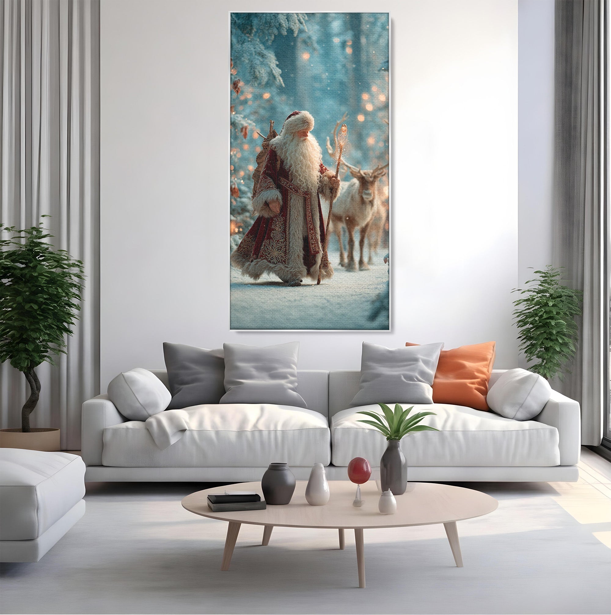 Tablou Canvas Premium LuxCanva® PI1328, Mos Craciun In Padure, Plimbare, Iarna, Padure, Magie, Ren, Sarbatori, Culori Vibrante, Living, Dormitor, Camera Copii