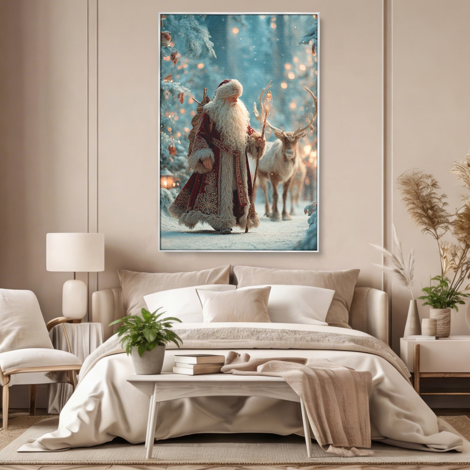 Tablou Canvas Premium LuxCanva® PI1328, Mos Craciun In Padure, Plimbare, Iarna, Padure, Magie, Ren, Sarbatori, Culori Vibrante, Living, Dormitor, Camera Copii