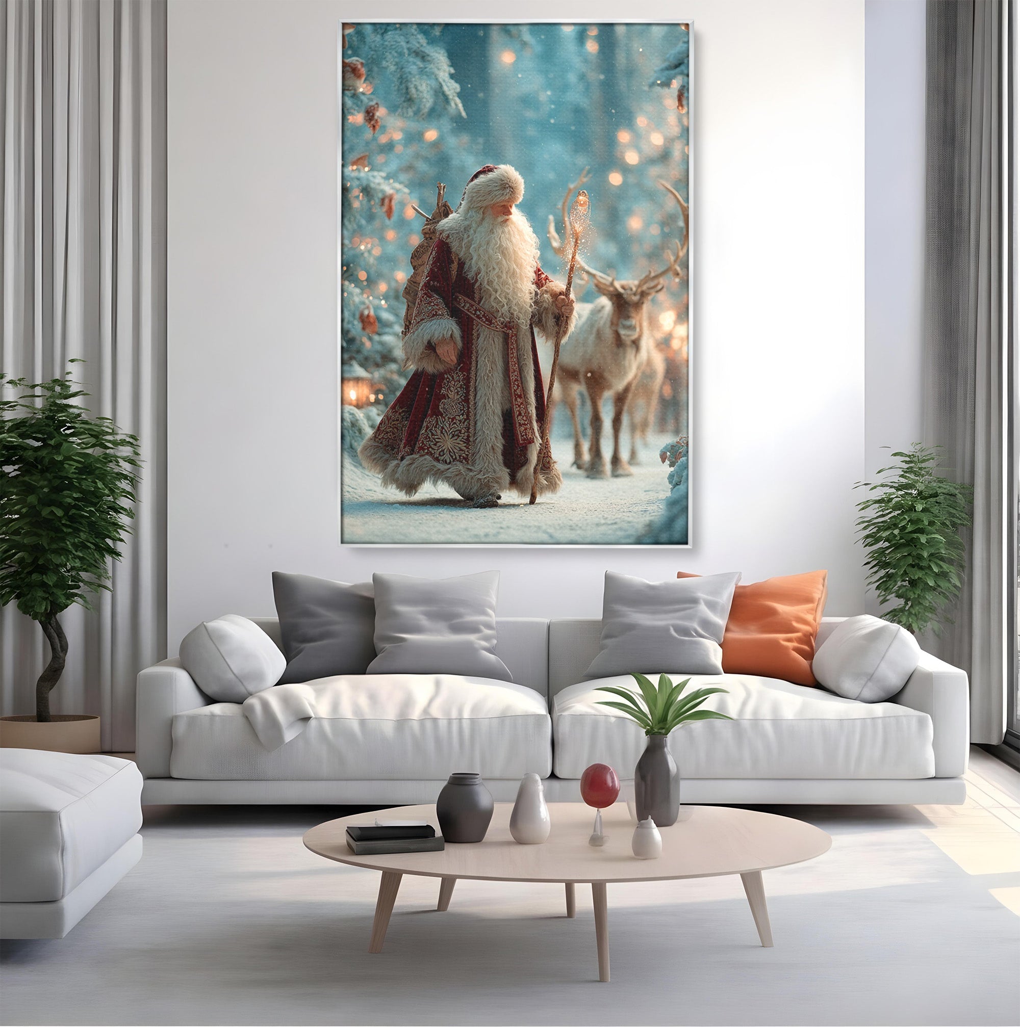 Tablou Canvas Premium LuxCanva® PI1328, Mos Craciun In Padure, Plimbare, Iarna, Padure, Magie, Ren, Sarbatori, Culori Vibrante, Living, Dormitor, Camera Copii