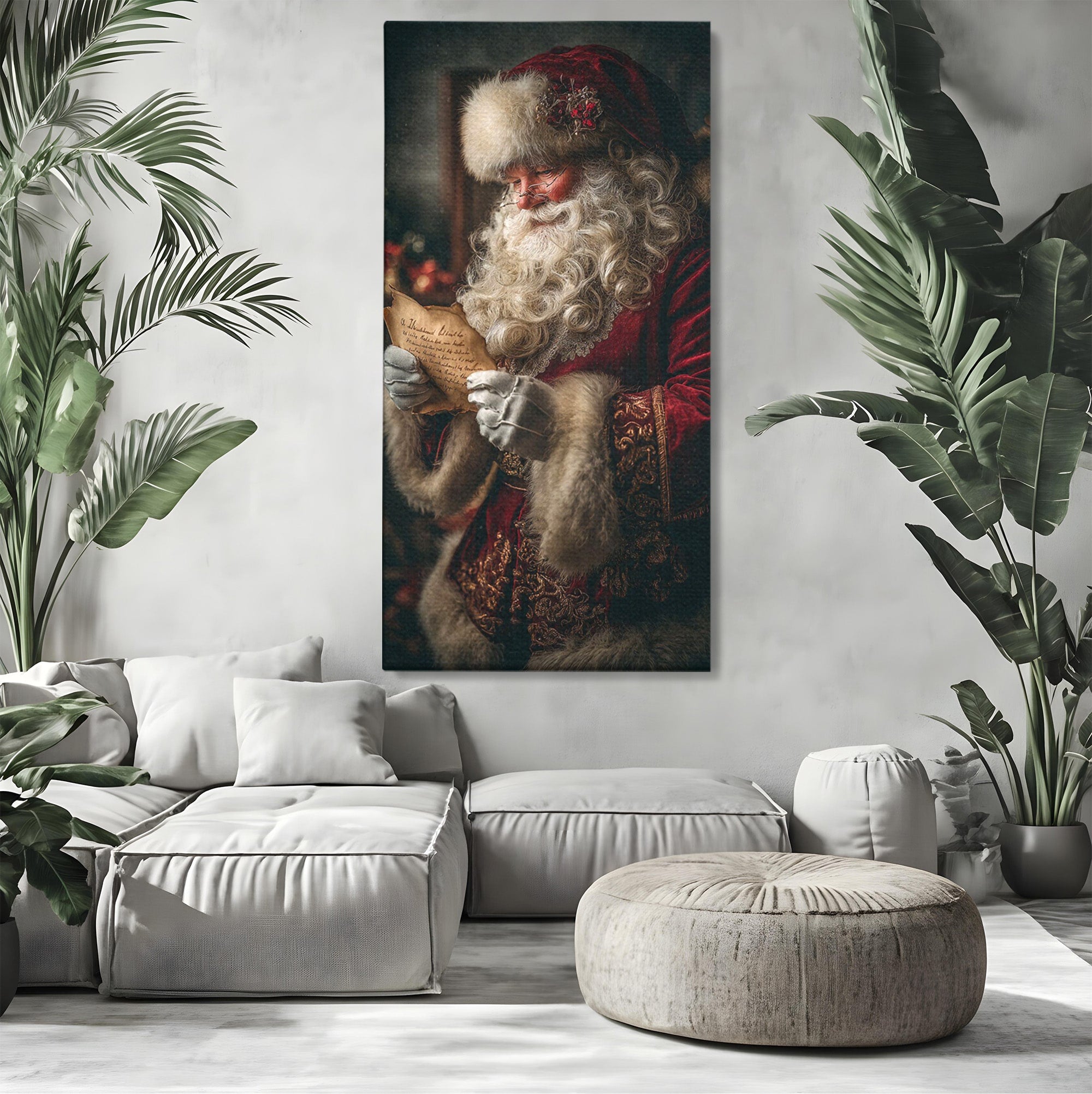Tablou Canvas Premium LuxCanva® PI1329, Mos Craciun Citind Scrisoarea, Barba, Surpriza, Sarbatori, Traditie, Culori Vibrante, Living, Dormitor, Camera Copii