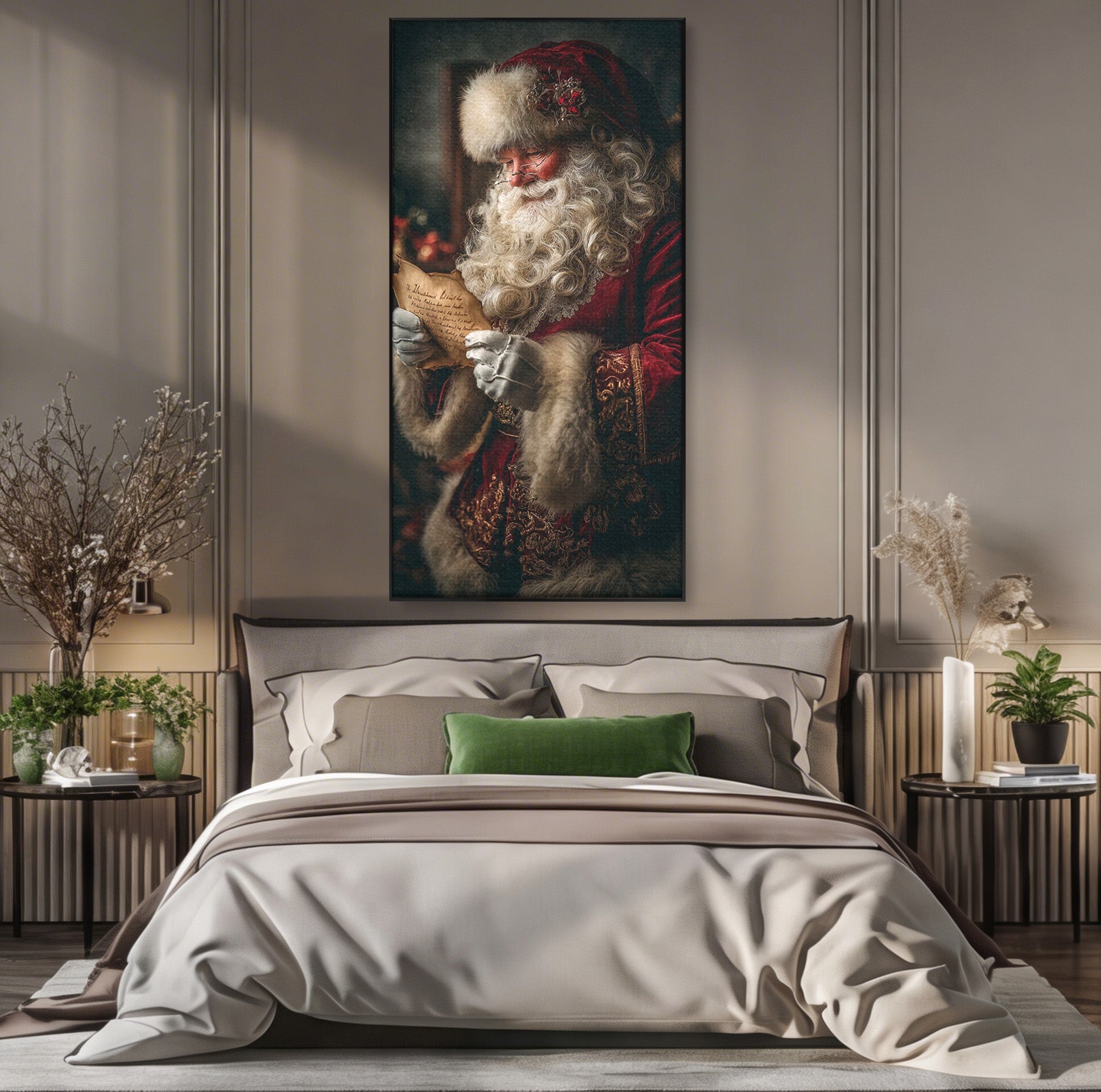 Tablou Canvas Premium LuxCanva® PI1329, Mos Craciun Citind Scrisoarea, Barba, Surpriza, Sarbatori, Traditie, Culori Vibrante, Living, Dormitor, Camera Copii
