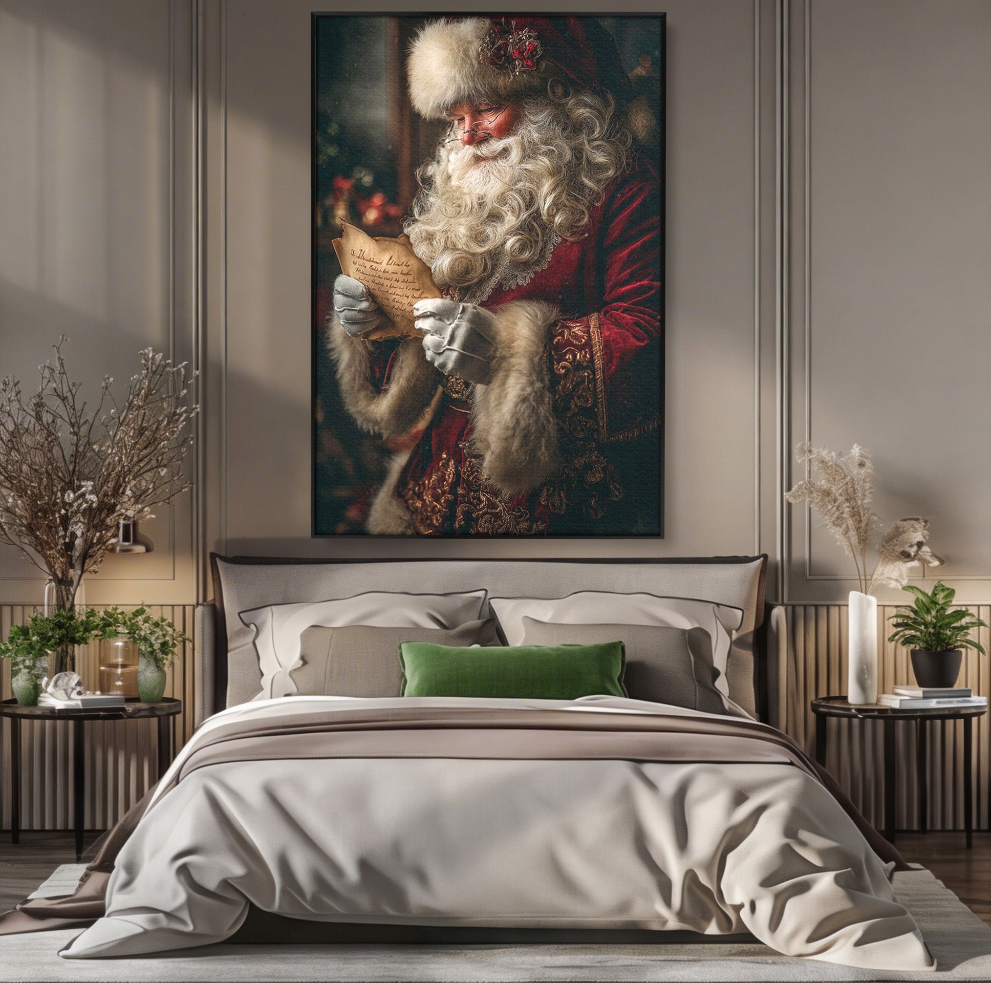 Tablou Canvas Premium LuxCanva® PI1329, Mos Craciun Citind Scrisoarea, Barba, Surpriza, Sarbatori, Traditie, Culori Vibrante, Living, Dormitor, Camera Copii