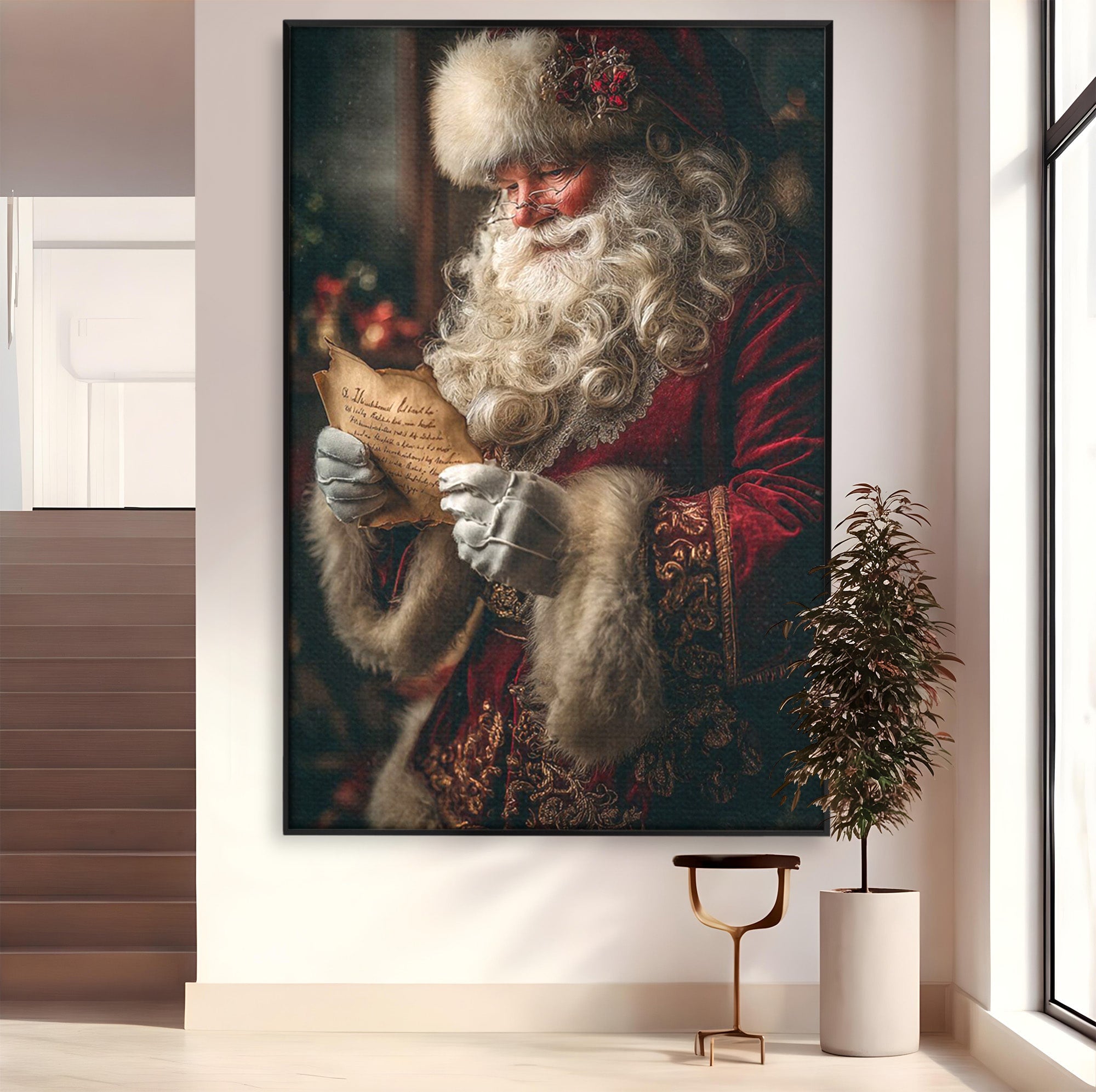 Tablou Canvas Premium LuxCanva® PI1329, Mos Craciun Citind Scrisoarea, Barba, Surpriza, Sarbatori, Traditie, Culori Vibrante, Living, Dormitor, Camera Copii
