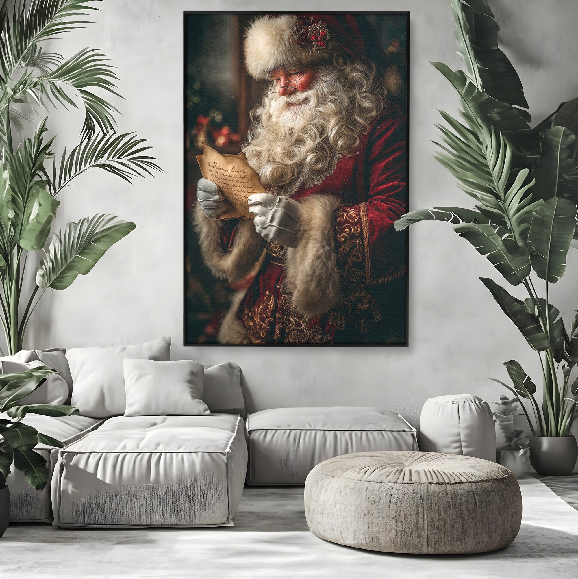 Tablou Canvas Premium LuxCanva® PI1329, Mos Craciun Citind Scrisoarea, Barba, Surpriza, Sarbatori, Traditie, Culori Vibrante, Living, Dormitor, Camera Copii