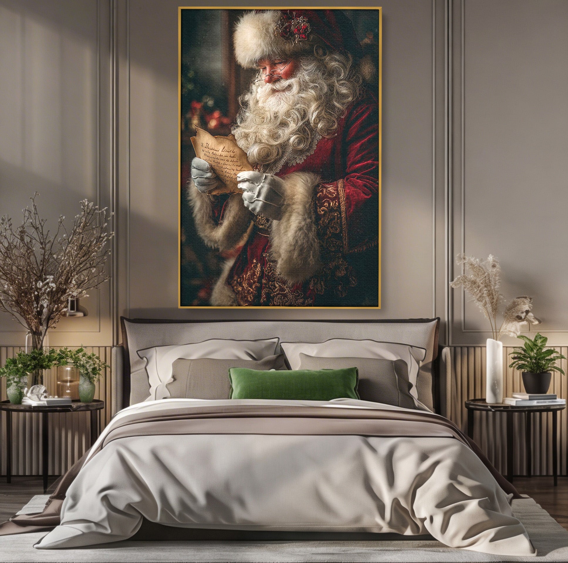 Tablou Canvas Premium LuxCanva® PI1329, Mos Craciun Citind Scrisoarea, Barba, Surpriza, Sarbatori, Traditie, Culori Vibrante, Living, Dormitor, Camera Copii