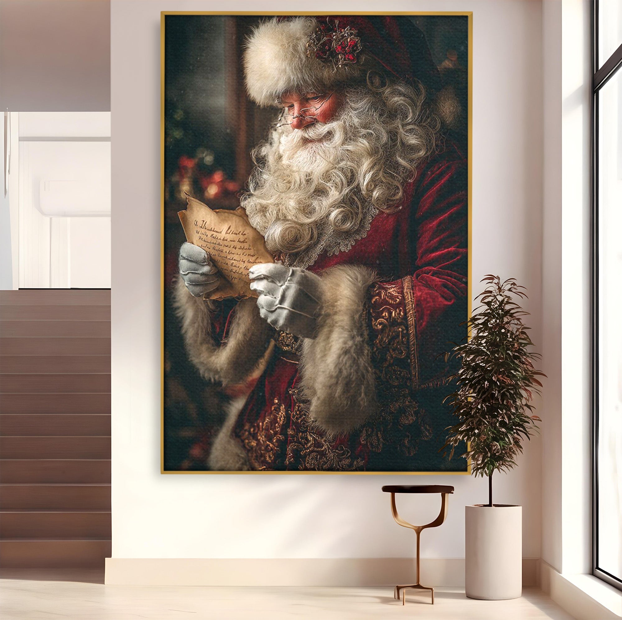 Tablou Canvas Premium LuxCanva® PI1329, Mos Craciun Citind Scrisoarea, Barba, Surpriza, Sarbatori, Traditie, Culori Vibrante, Living, Dormitor, Camera Copii