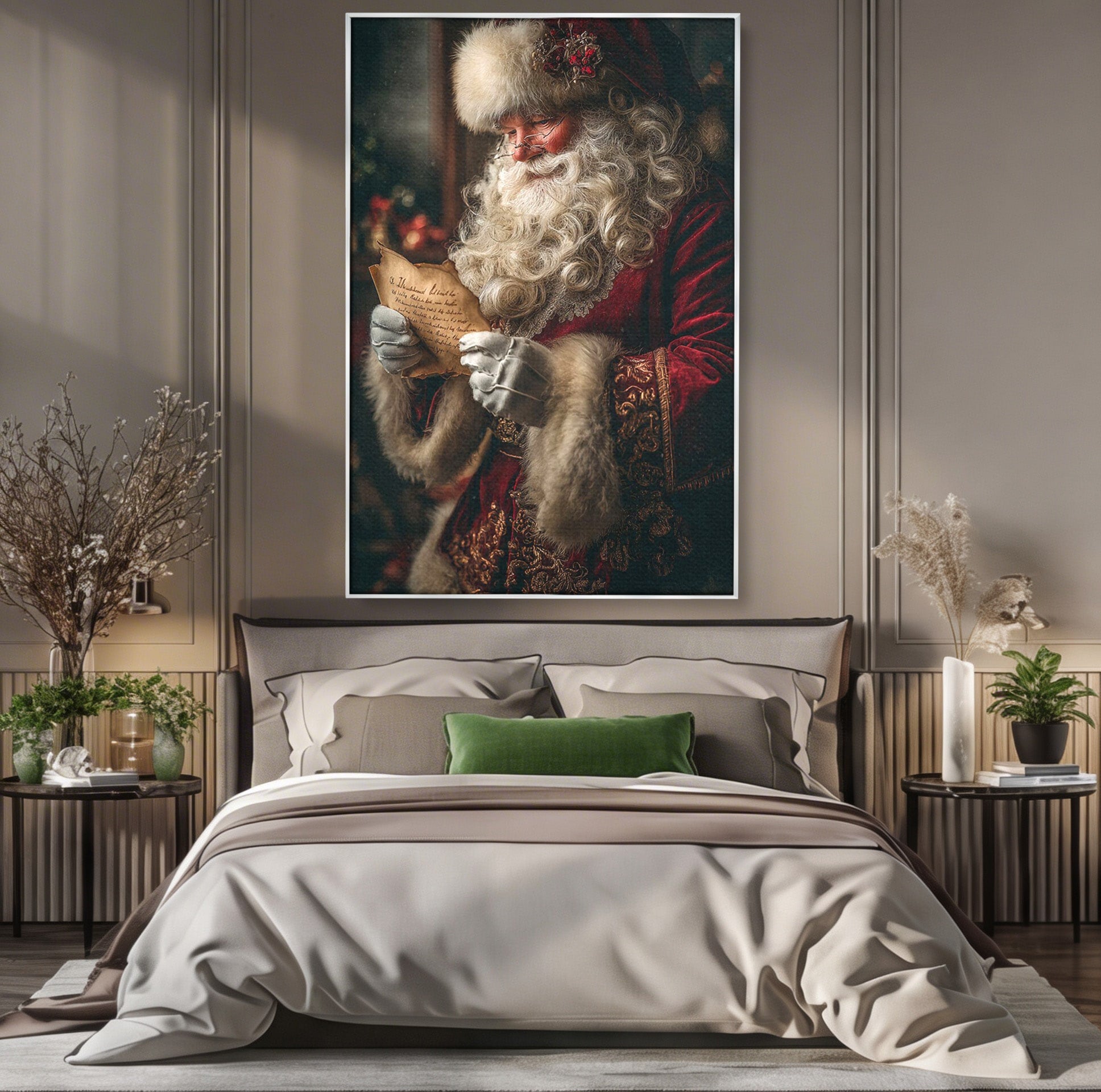 Tablou Canvas Premium LuxCanva® PI1329, Mos Craciun Citind Scrisoarea, Barba, Surpriza, Sarbatori, Traditie, Culori Vibrante, Living, Dormitor, Camera Copii