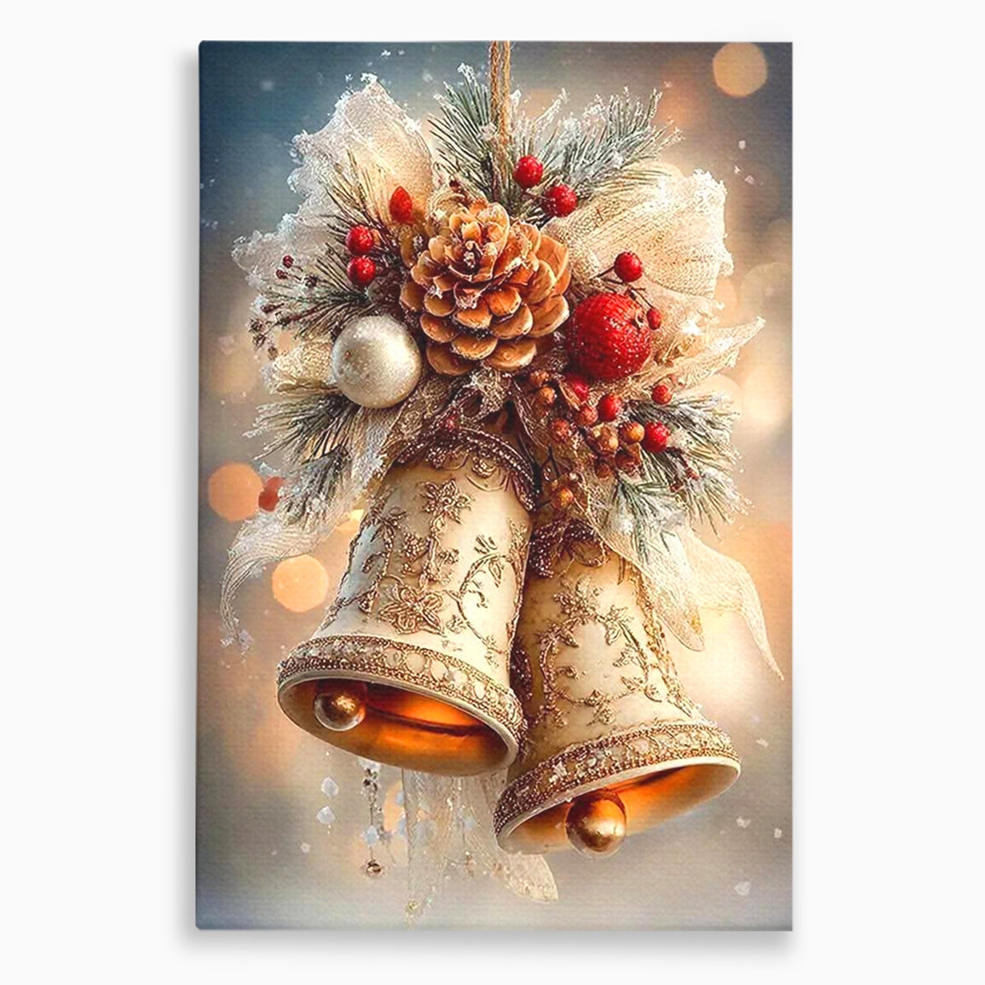 Tablou Canvas Premium LuxCanva® PI1332, Clopotei De Craciun, Clinchet, Conuri, Decor Festiv, Sarbatori, Culori Vibrante, Living, Dormitor