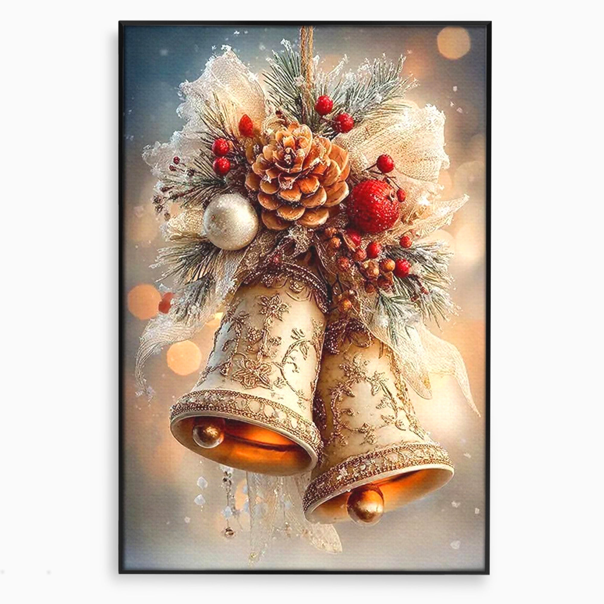 Tablou Canvas Premium LuxCanva® PI1332, Clopotei De Craciun, Clinchet, Conuri, Decor Festiv, Sarbatori, Culori Vibrante, Living, Dormitor