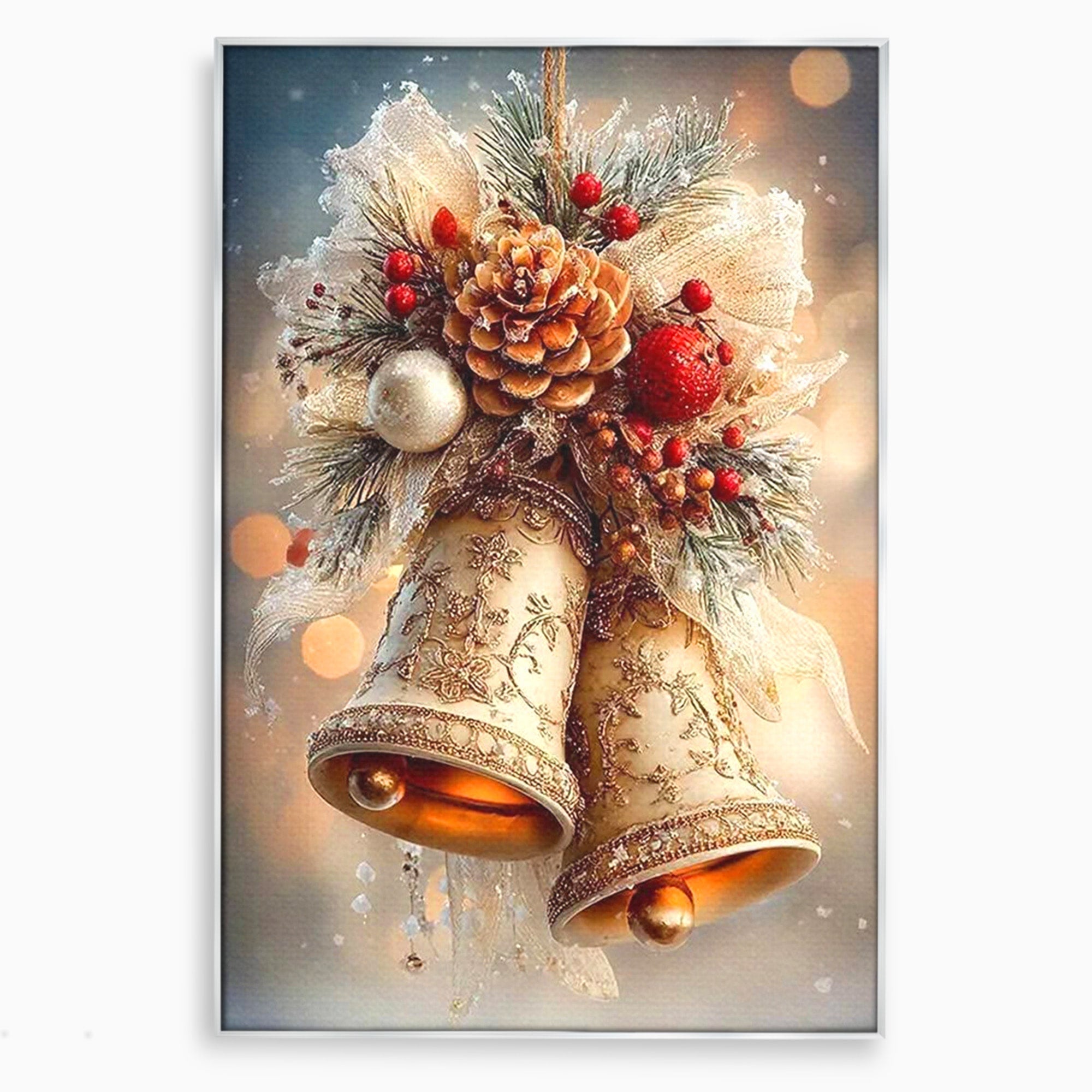 Tablou Canvas Premium LuxCanva® PI1332, Clopotei De Craciun, Clinchet, Conuri, Decor Festiv, Sarbatori, Culori Vibrante, Living, Dormitor