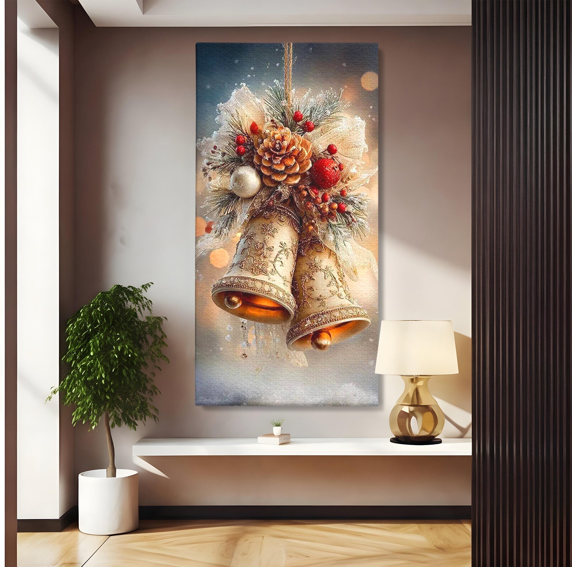 Tablou Canvas Premium LuxCanva® PI1332, Clopotei De Craciun, Clinchet, Conuri, Decor Festiv, Sarbatori, Culori Vibrante, Living, Dormitor