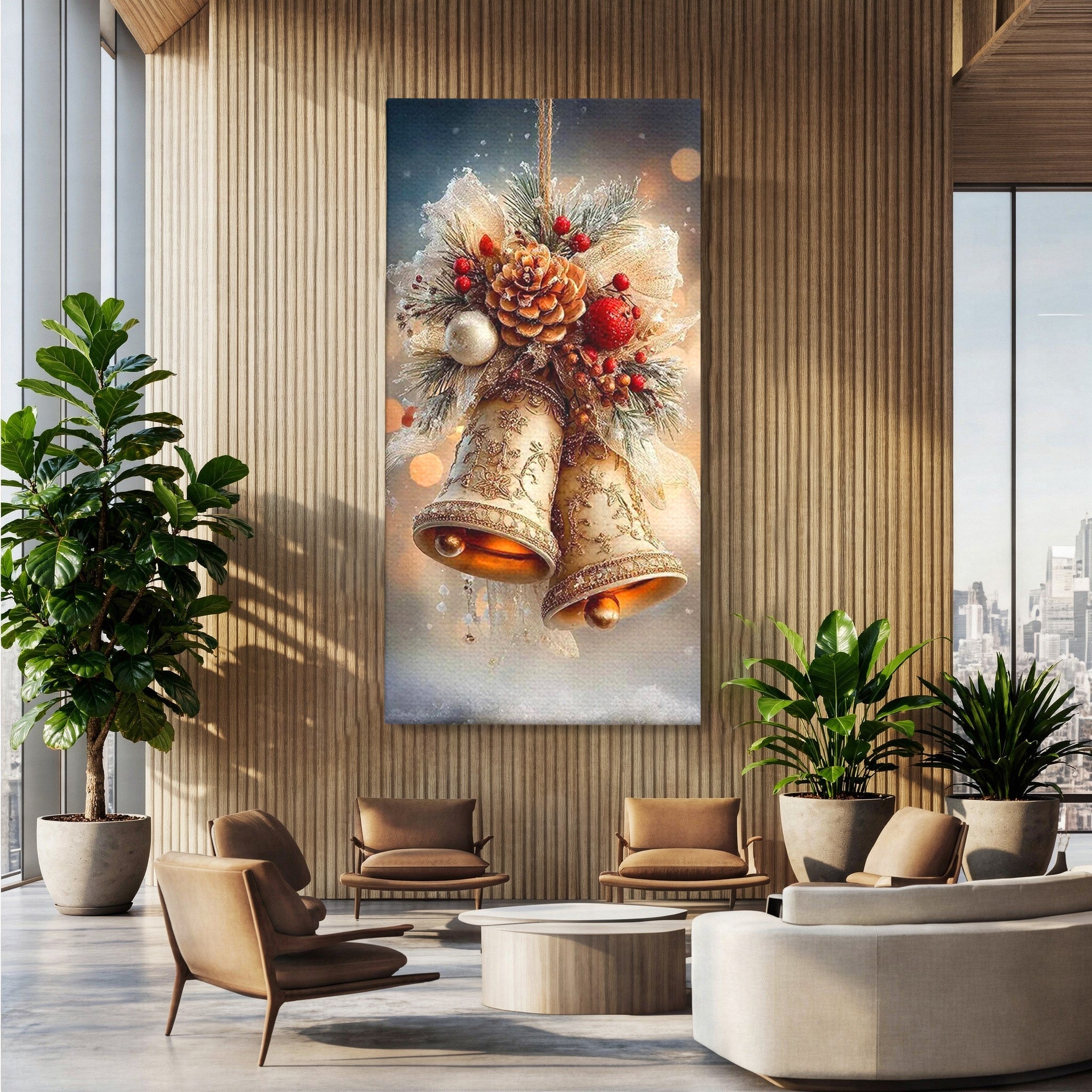 Tablou Canvas Premium LuxCanva® PI1332, Clopotei De Craciun, Clinchet, Conuri, Decor Festiv, Sarbatori, Culori Vibrante, Living, Dormitor