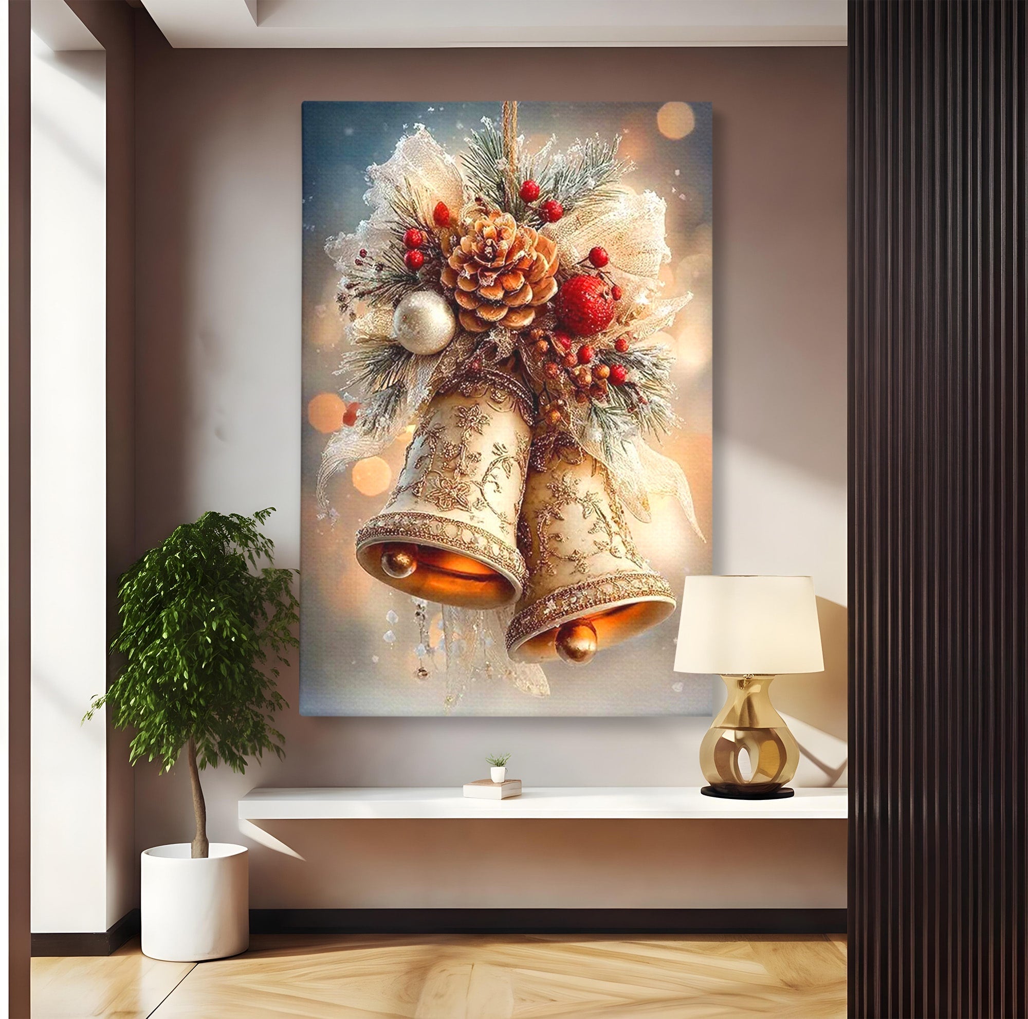 Tablou Canvas Premium LuxCanva® PI1332, Clopotei De Craciun, Clinchet, Conuri, Decor Festiv, Sarbatori, Culori Vibrante, Living, Dormitor