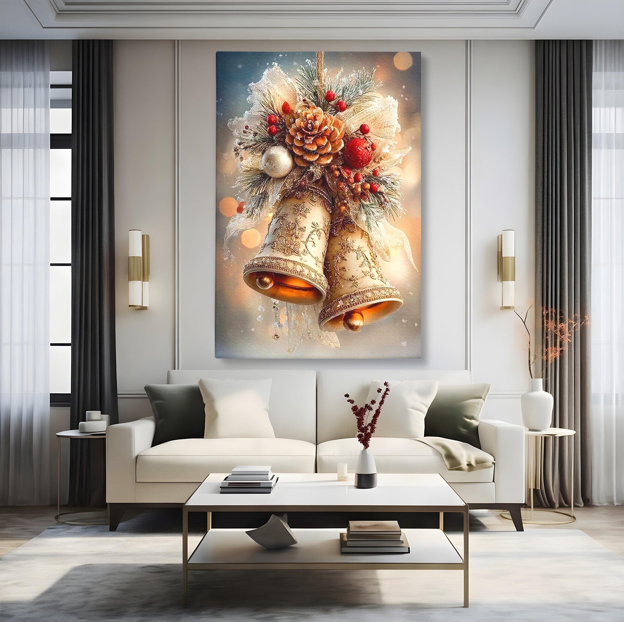 Tablou Canvas Premium LuxCanva® PI1332, Clopotei De Craciun, Clinchet, Conuri, Decor Festiv, Sarbatori, Culori Vibrante, Living, Dormitor