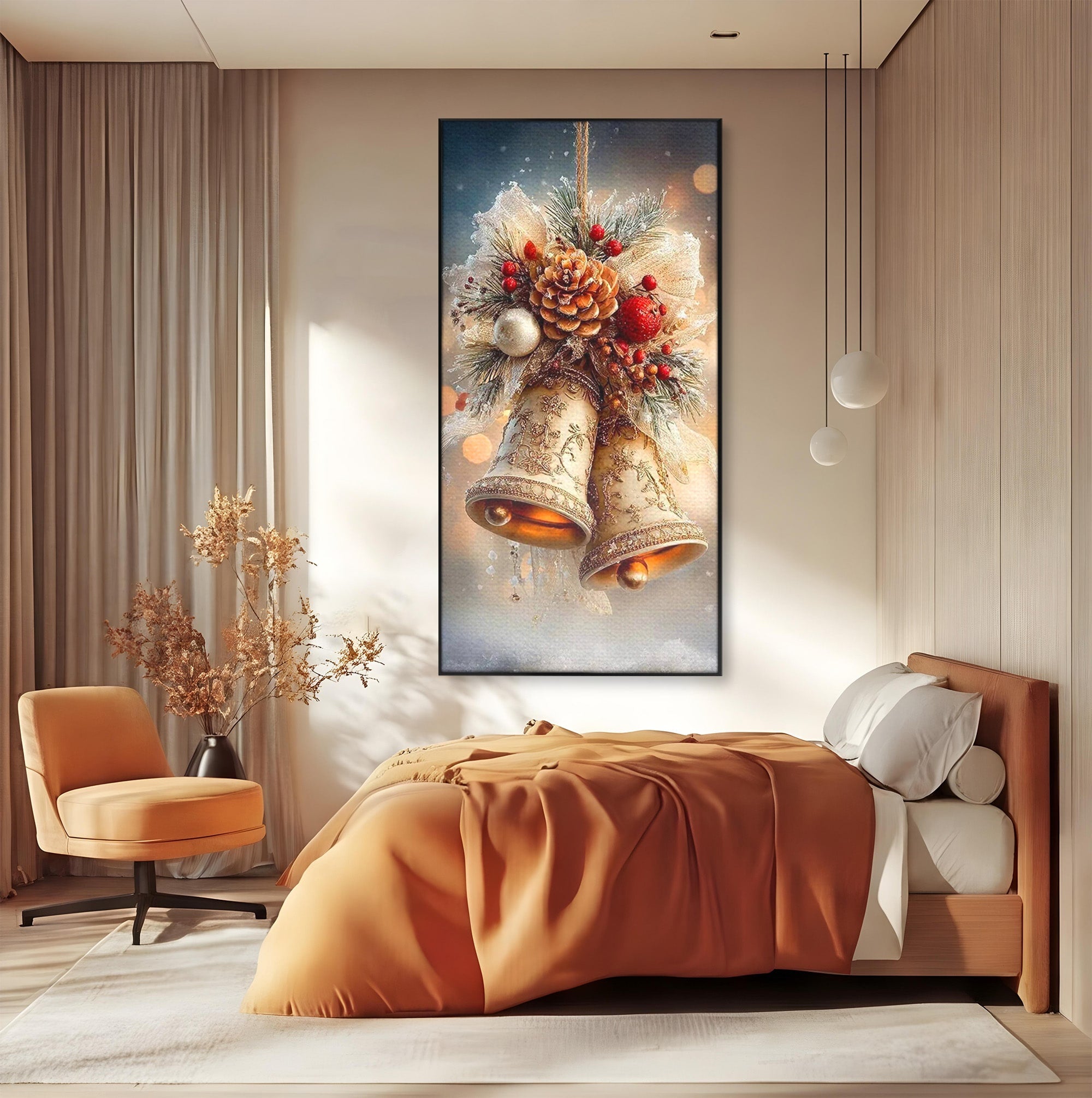 Tablou Canvas Premium LuxCanva® PI1332, Clopotei De Craciun, Clinchet, Conuri, Decor Festiv, Sarbatori, Culori Vibrante, Living, Dormitor