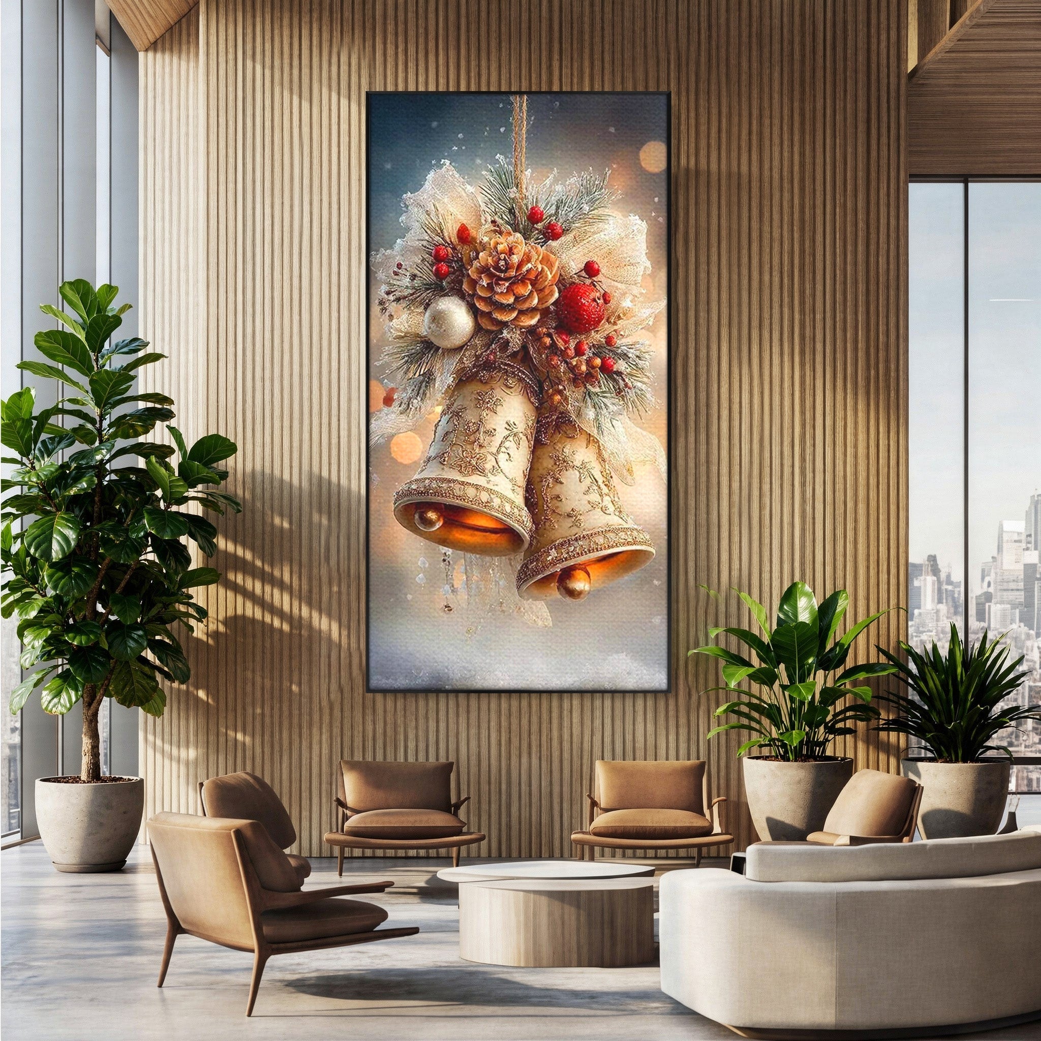 Tablou Canvas Premium LuxCanva® PI1332, Clopotei De Craciun, Clinchet, Conuri, Decor Festiv, Sarbatori, Culori Vibrante, Living, Dormitor