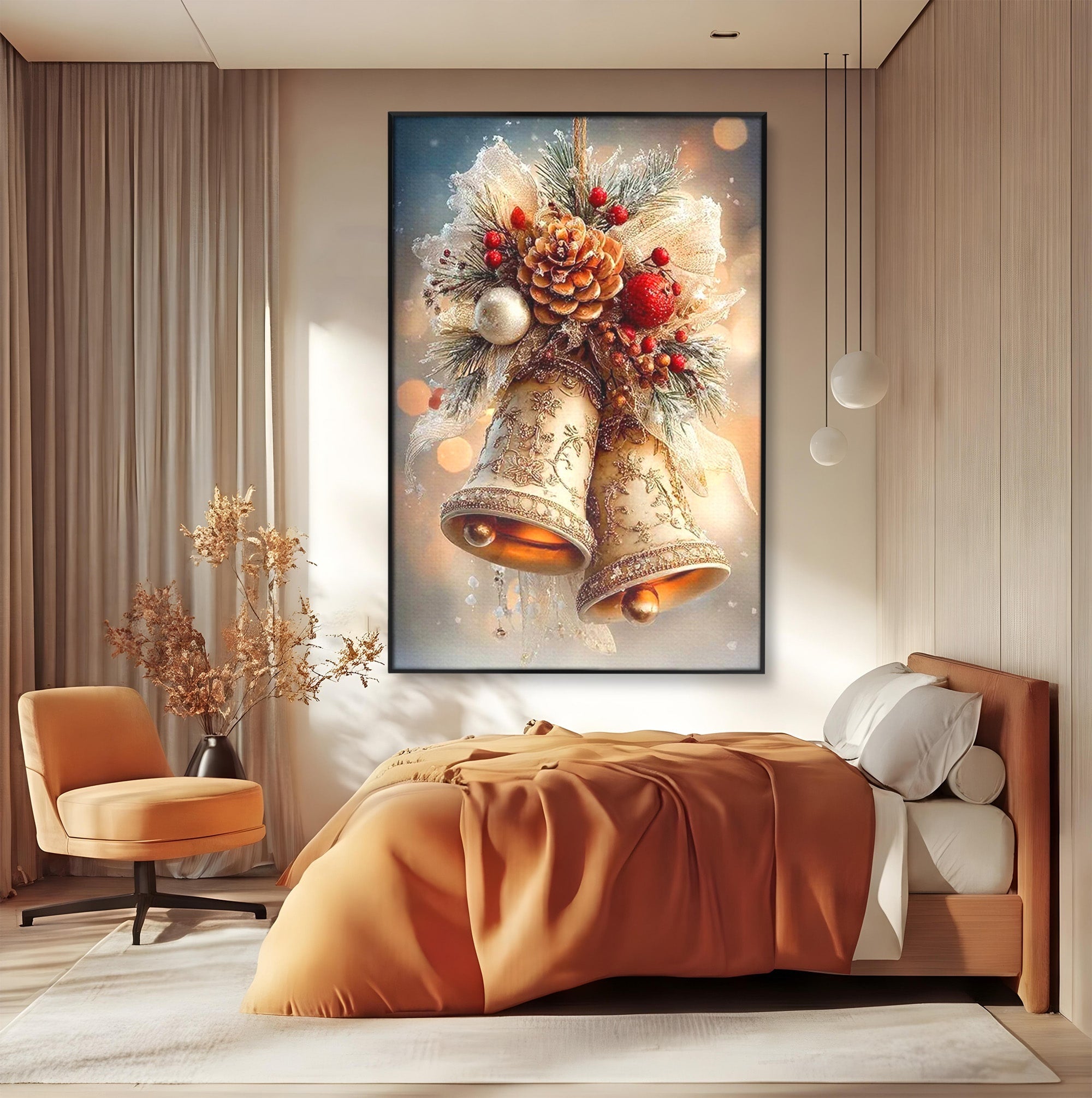 Tablou Canvas Premium LuxCanva® PI1332, Clopotei De Craciun, Clinchet, Conuri, Decor Festiv, Sarbatori, Culori Vibrante, Living, Dormitor