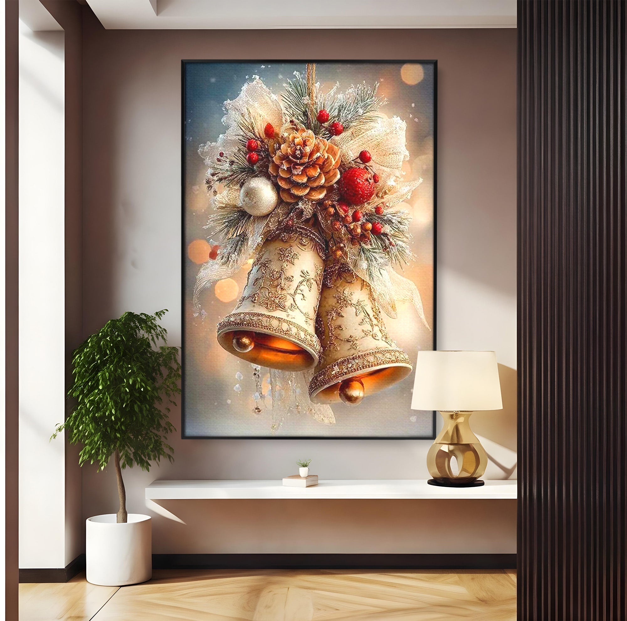 Tablou Canvas Premium LuxCanva® PI1332, Clopotei De Craciun, Clinchet, Conuri, Decor Festiv, Sarbatori, Culori Vibrante, Living, Dormitor