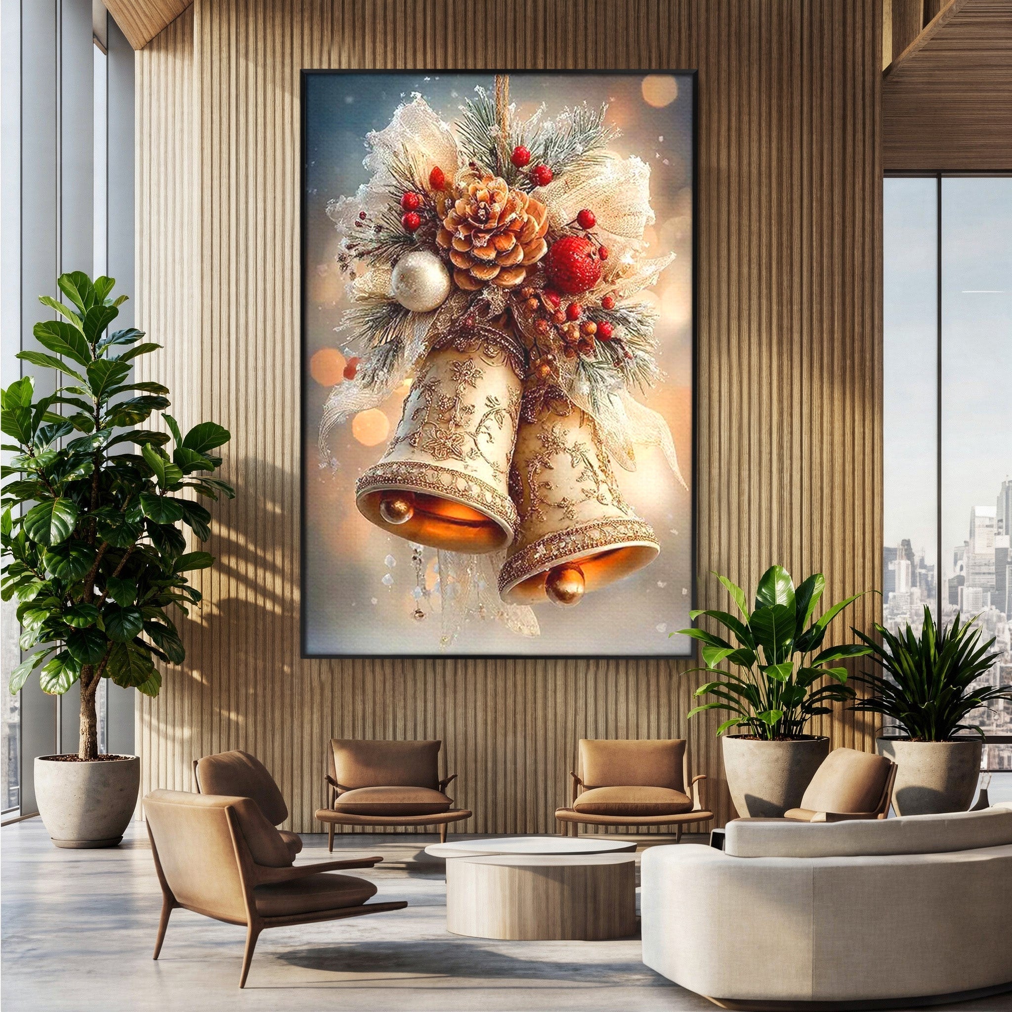 Tablou Canvas Premium LuxCanva® PI1332, Clopotei De Craciun, Clinchet, Conuri, Decor Festiv, Sarbatori, Culori Vibrante, Living, Dormitor