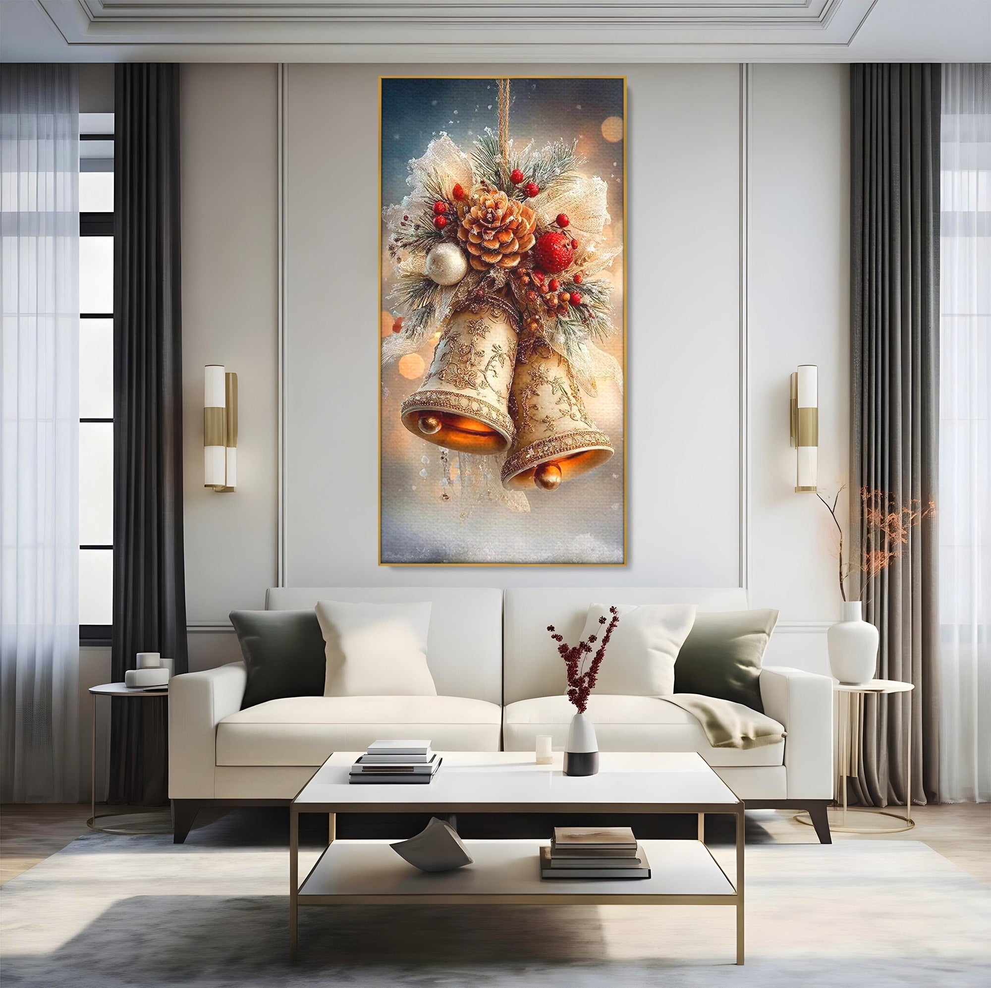 Tablou Canvas Premium LuxCanva® PI1332, Clopotei De Craciun, Clinchet, Conuri, Decor Festiv, Sarbatori, Culori Vibrante, Living, Dormitor