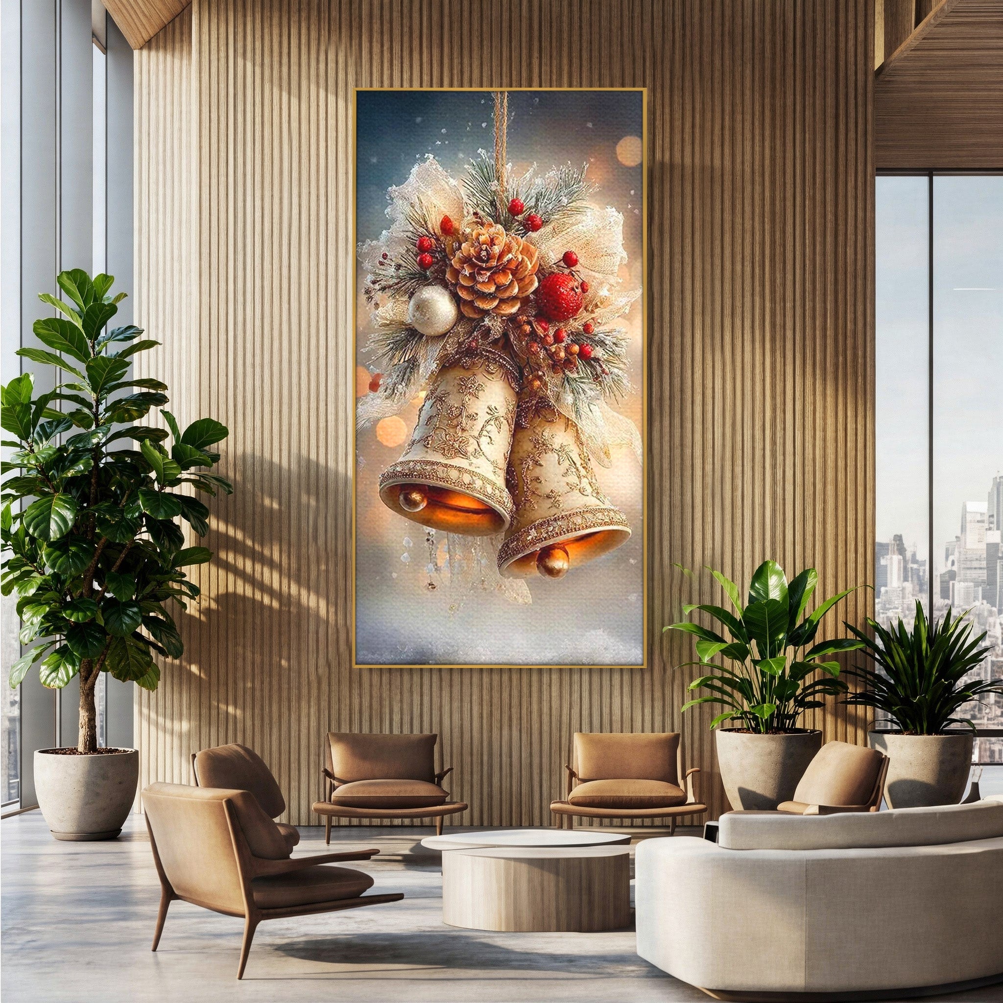 Tablou Canvas Premium LuxCanva® PI1332, Clopotei De Craciun, Clinchet, Conuri, Decor Festiv, Sarbatori, Culori Vibrante, Living, Dormitor