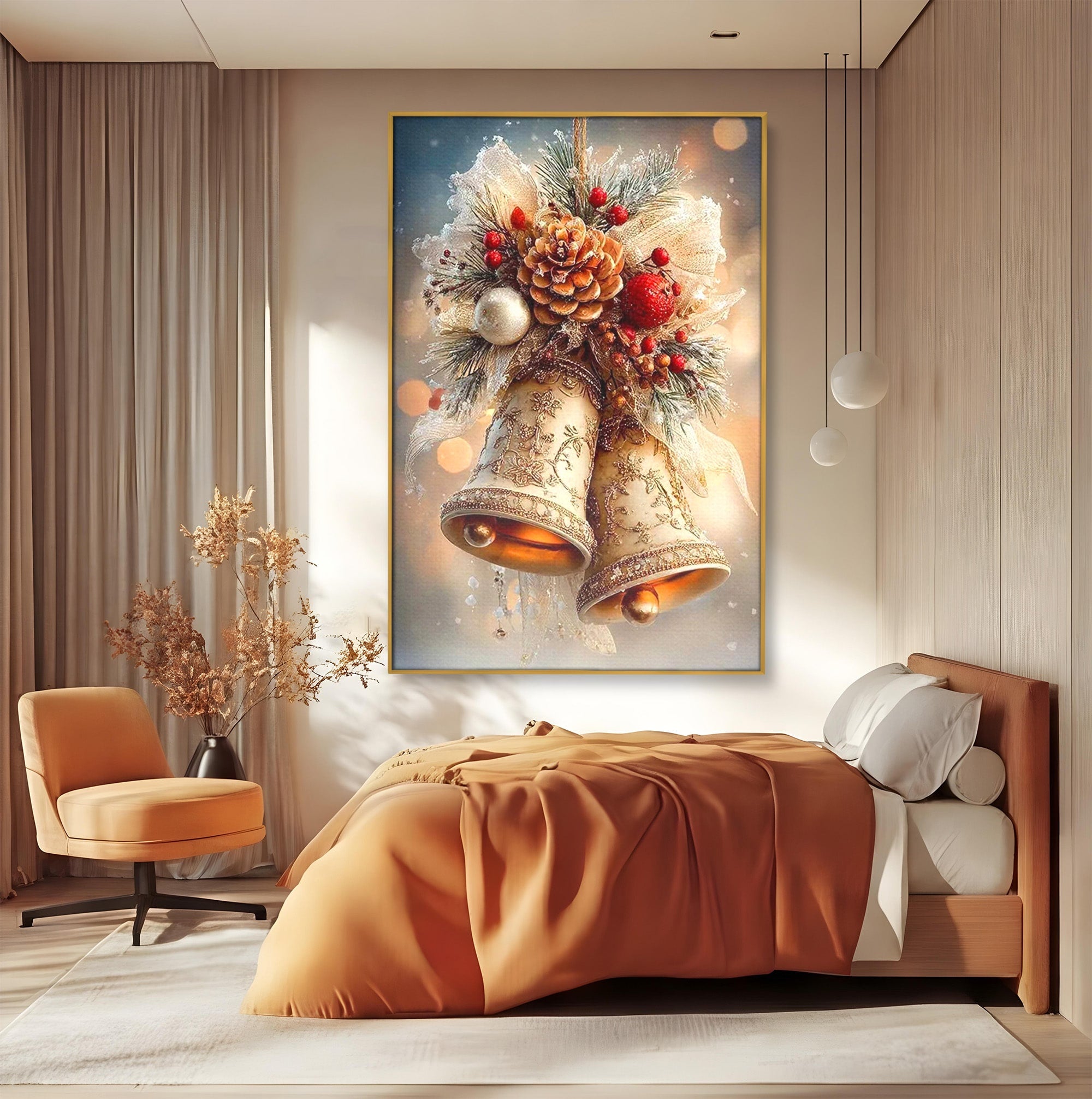 Tablou Canvas Premium LuxCanva® PI1332, Clopotei De Craciun, Clinchet, Conuri, Decor Festiv, Sarbatori, Culori Vibrante, Living, Dormitor
