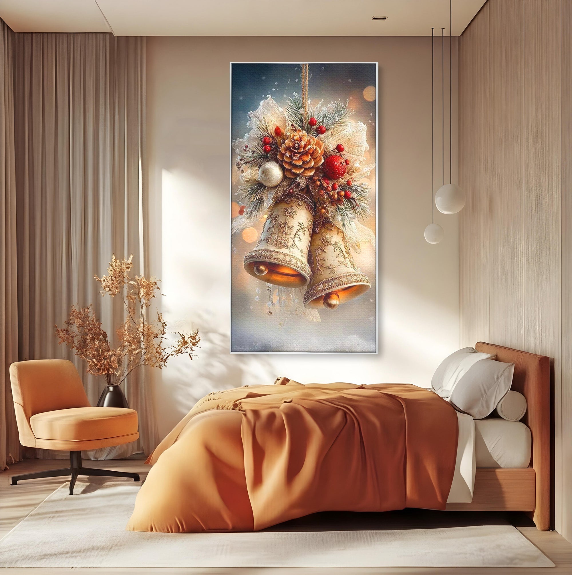 Tablou Canvas Premium LuxCanva® PI1332, Clopotei De Craciun, Clinchet, Conuri, Decor Festiv, Sarbatori, Culori Vibrante, Living, Dormitor