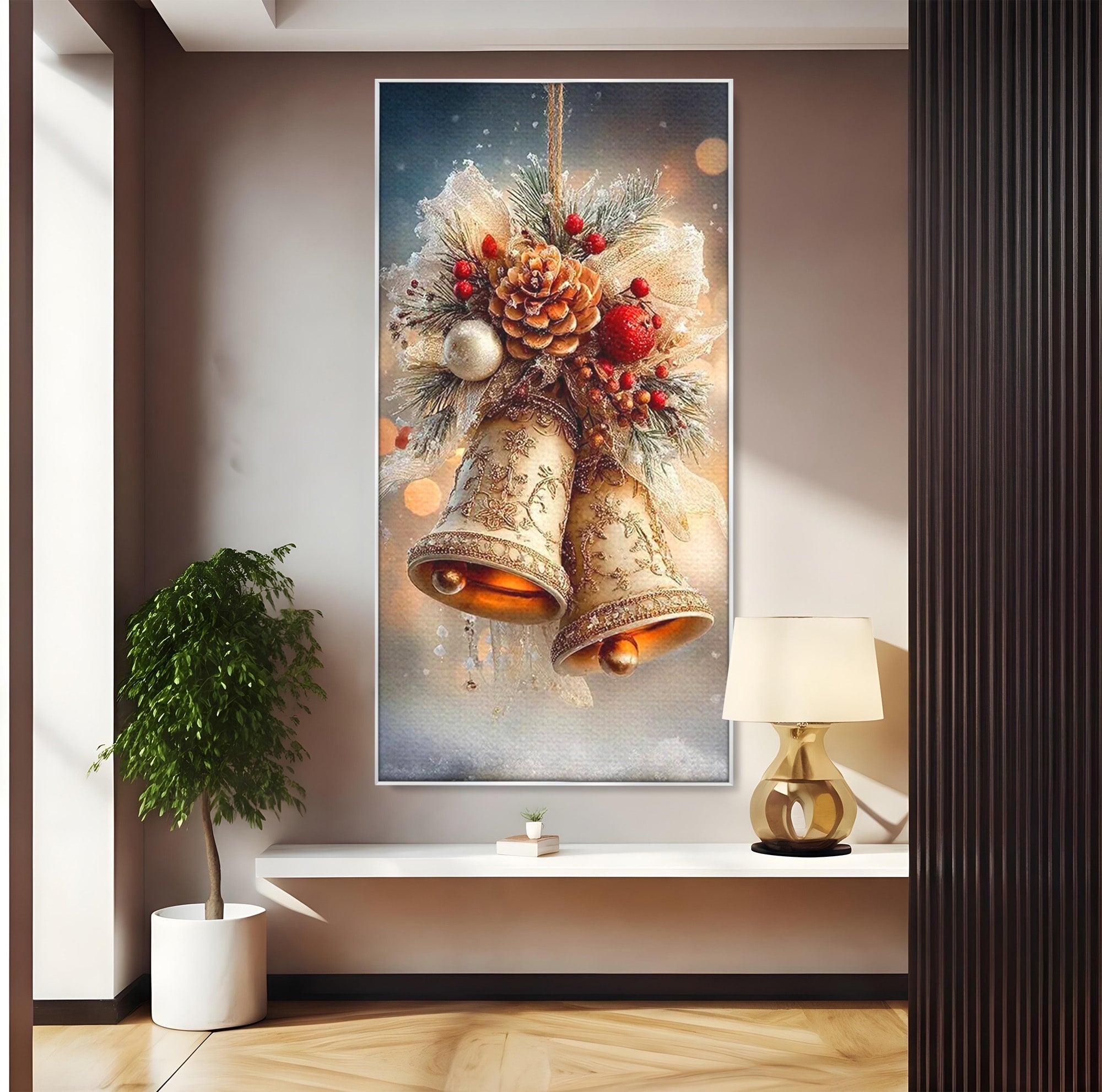 Tablou Canvas Premium LuxCanva® PI1332, Clopotei De Craciun, Clinchet, Conuri, Decor Festiv, Sarbatori, Culori Vibrante, Living, Dormitor