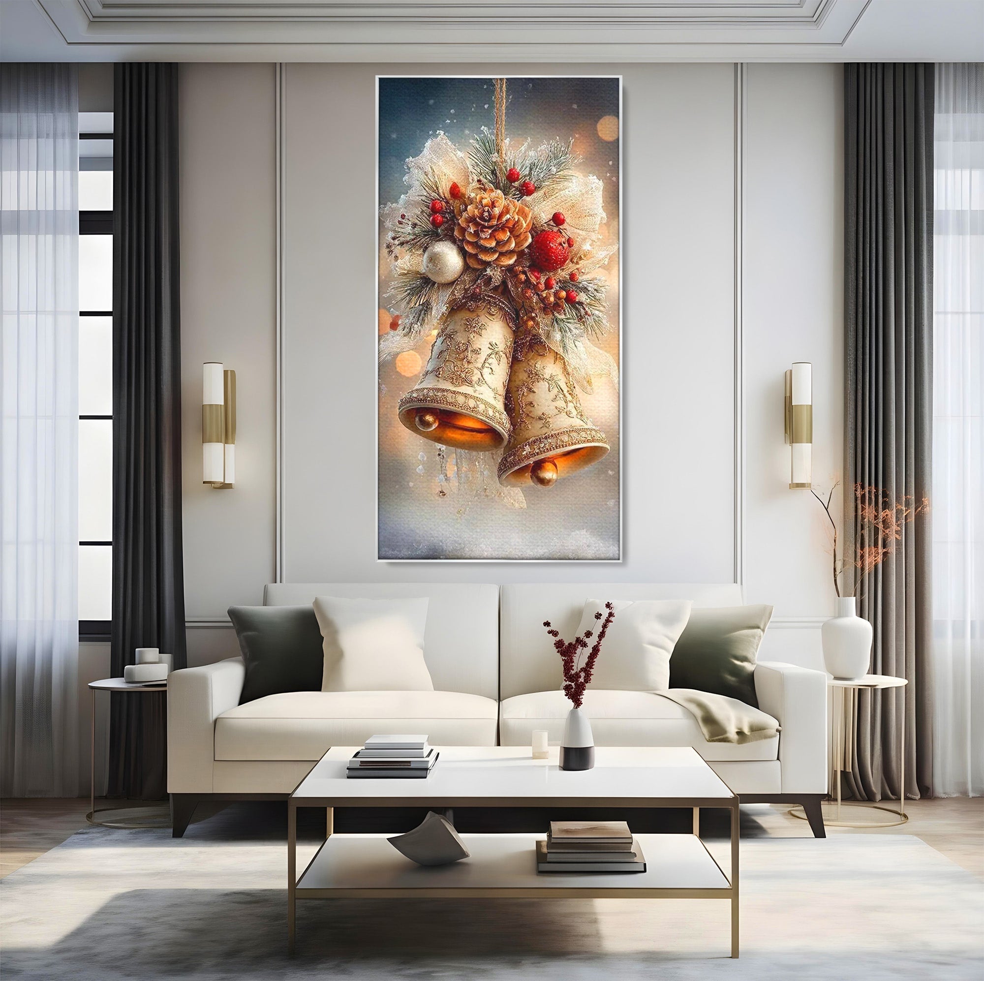 Tablou Canvas Premium LuxCanva® PI1332, Clopotei De Craciun, Clinchet, Conuri, Decor Festiv, Sarbatori, Culori Vibrante, Living, Dormitor