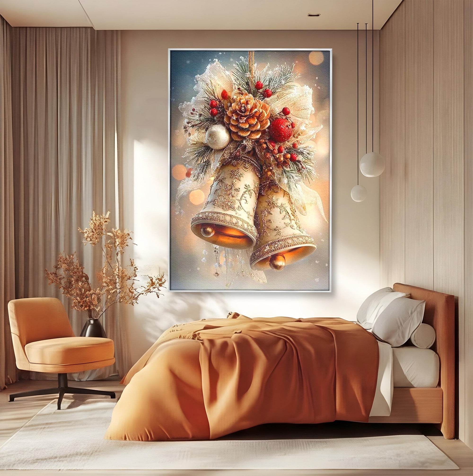 Tablou Canvas Premium LuxCanva® PI1332, Clopotei De Craciun, Clinchet, Conuri, Decor Festiv, Sarbatori, Culori Vibrante, Living, Dormitor