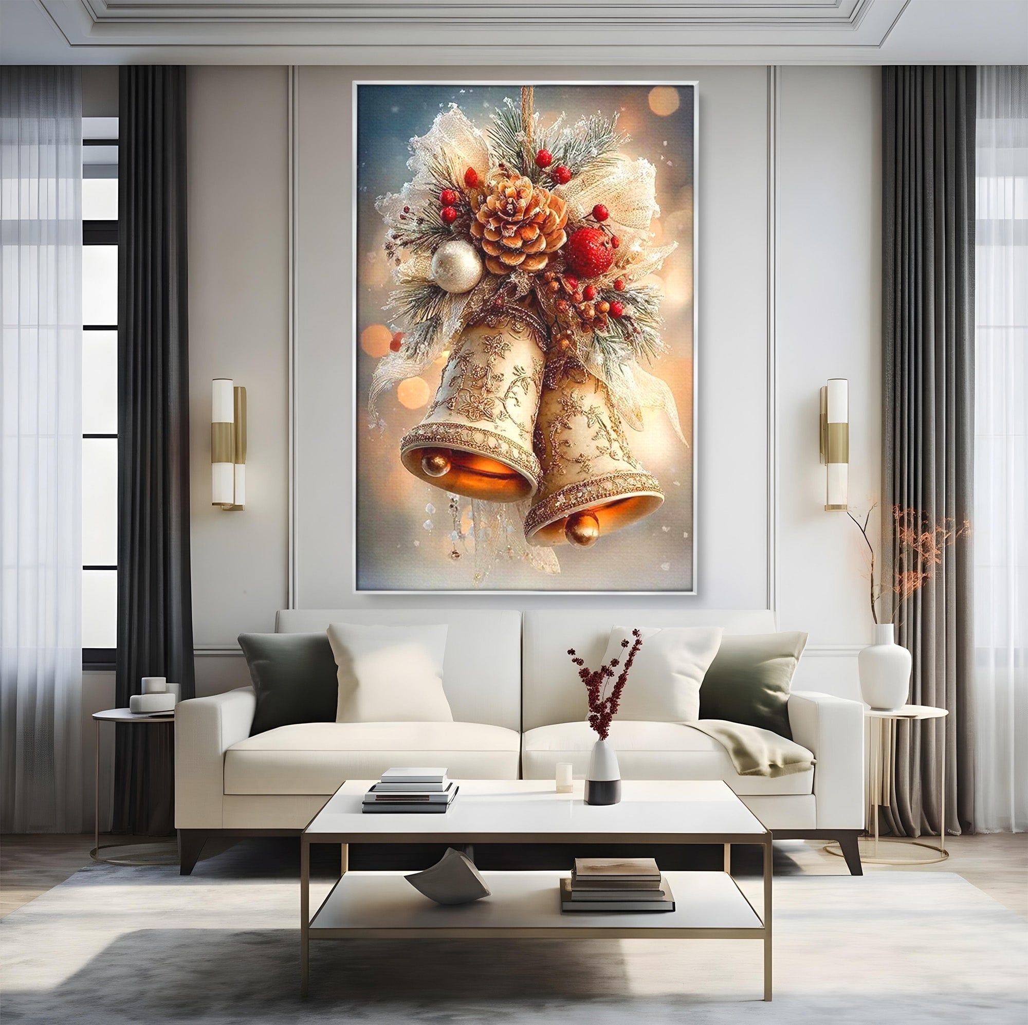 Tablou Canvas Premium LuxCanva® PI1332, Clopotei De Craciun, Clinchet, Conuri, Decor Festiv, Sarbatori, Culori Vibrante, Living, Dormitor