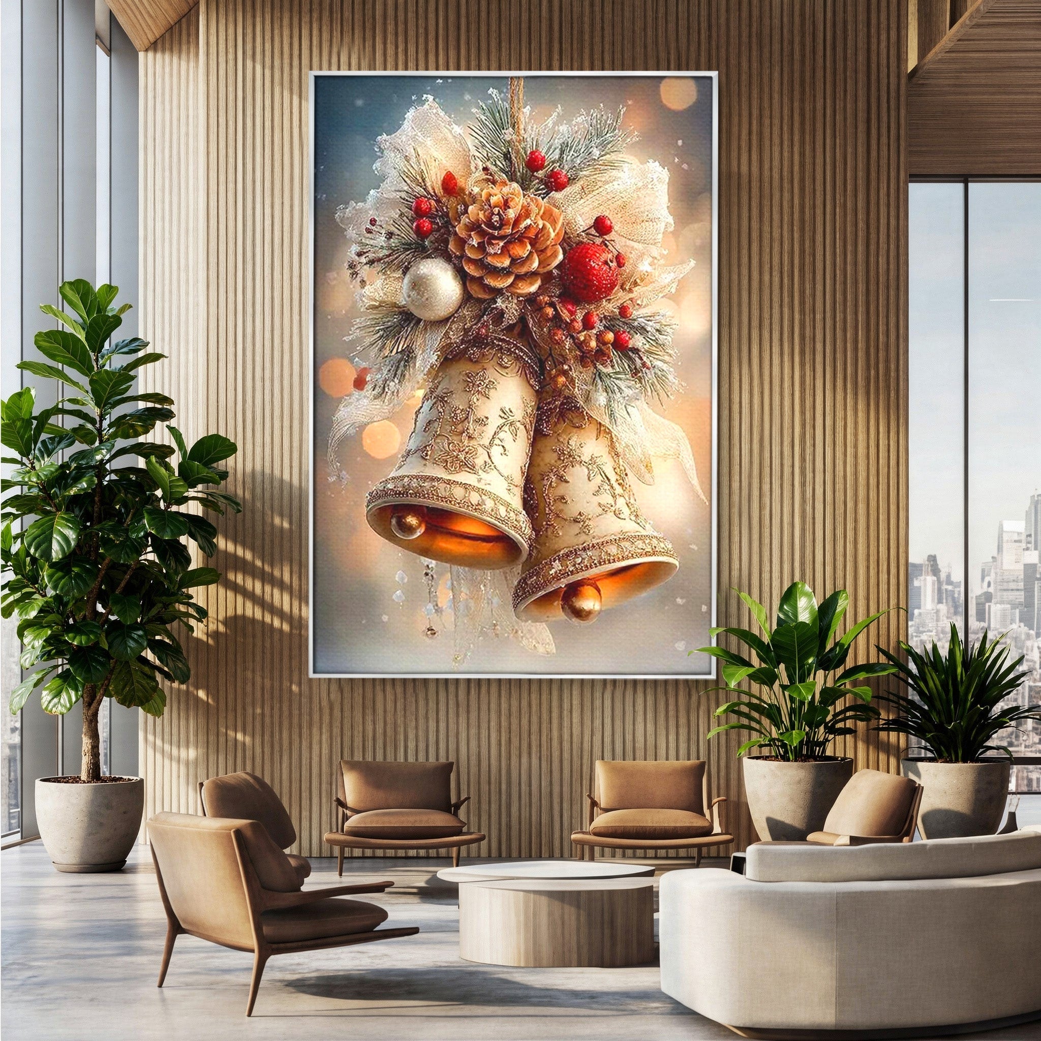 Tablou Canvas Premium LuxCanva® PI1332, Clopotei De Craciun, Clinchet, Conuri, Decor Festiv, Sarbatori, Culori Vibrante, Living, Dormitor