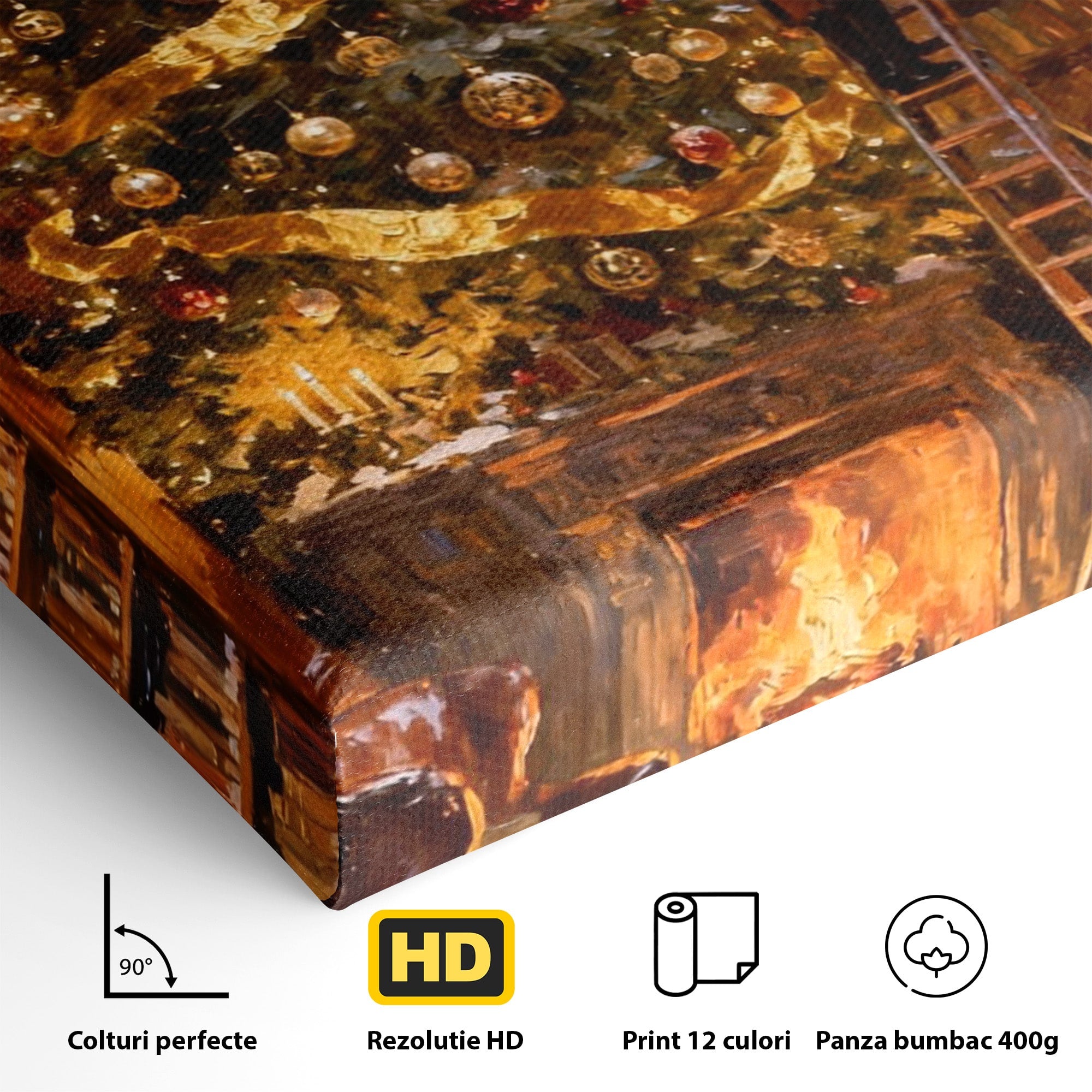Tablou Canvas Premium LuxCanva® PI1334, Biblioteca De Craciun, Scara, Carti, Bibliotecar, Iarna, Culori Vibrante, Living, Dormitor