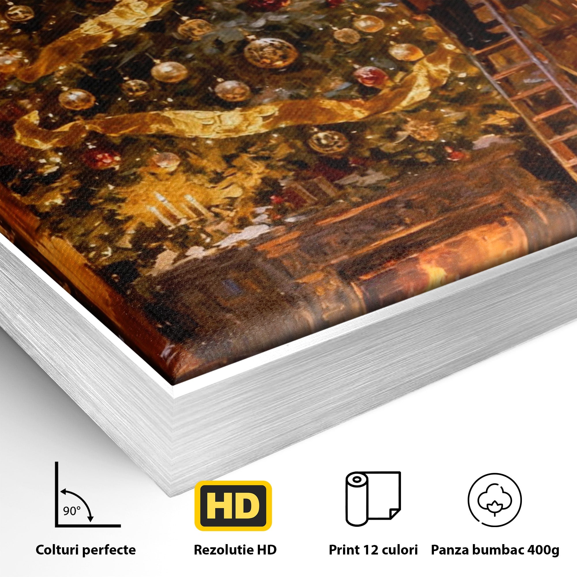 Tablou Canvas Premium LuxCanva® PI1334, Biblioteca De Craciun, Scara, Carti, Bibliotecar, Iarna, Culori Vibrante, Living, Dormitor