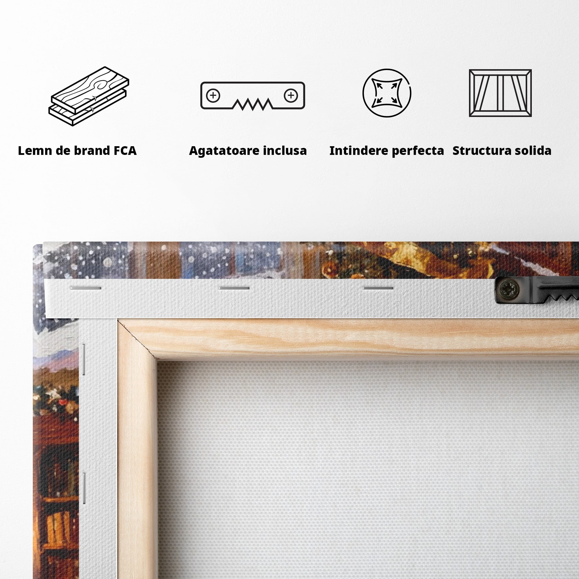 Tablou Canvas Premium LuxCanva® PI1334, Biblioteca De Craciun, Scara, Carti, Bibliotecar, Iarna, Culori Vibrante, Living, Dormitor