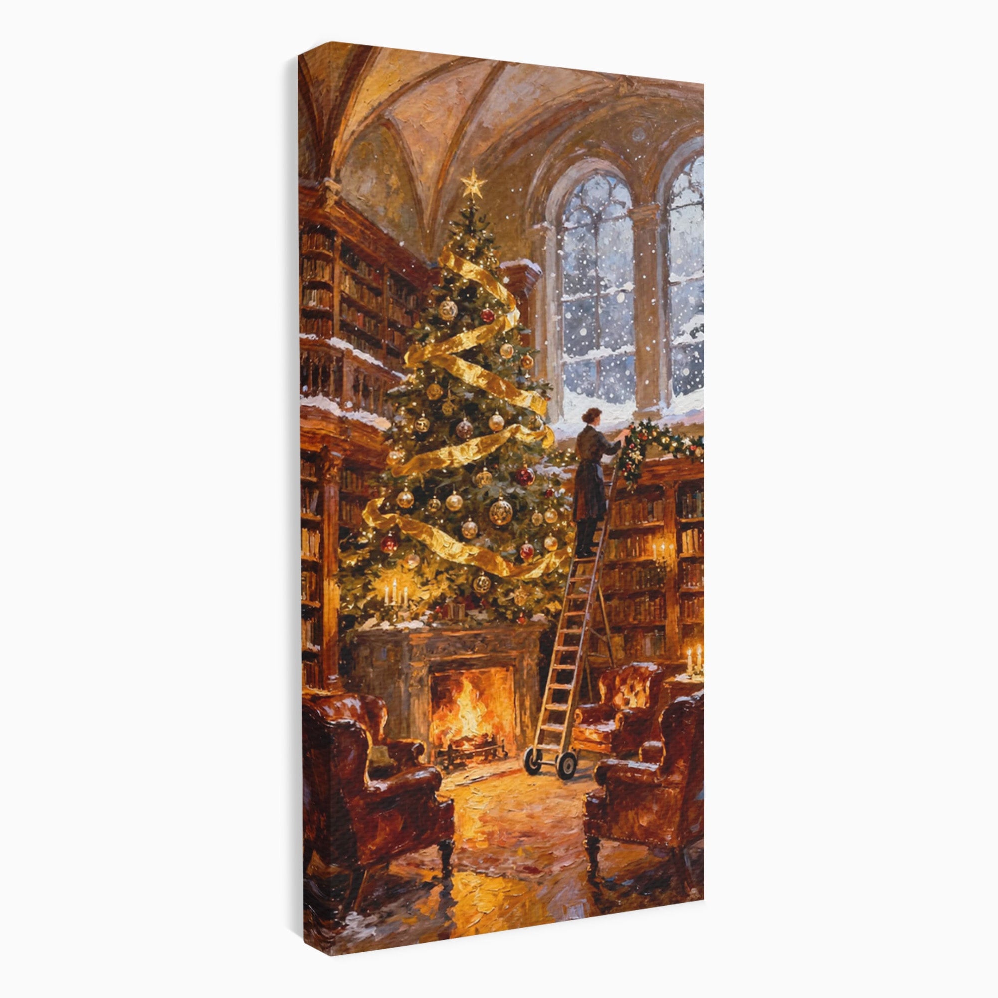 Tablou Canvas Premium LuxCanva® PI1334, Biblioteca De Craciun, Scara, Carti, Bibliotecar, Iarna, Culori Vibrante, Living, Dormitor