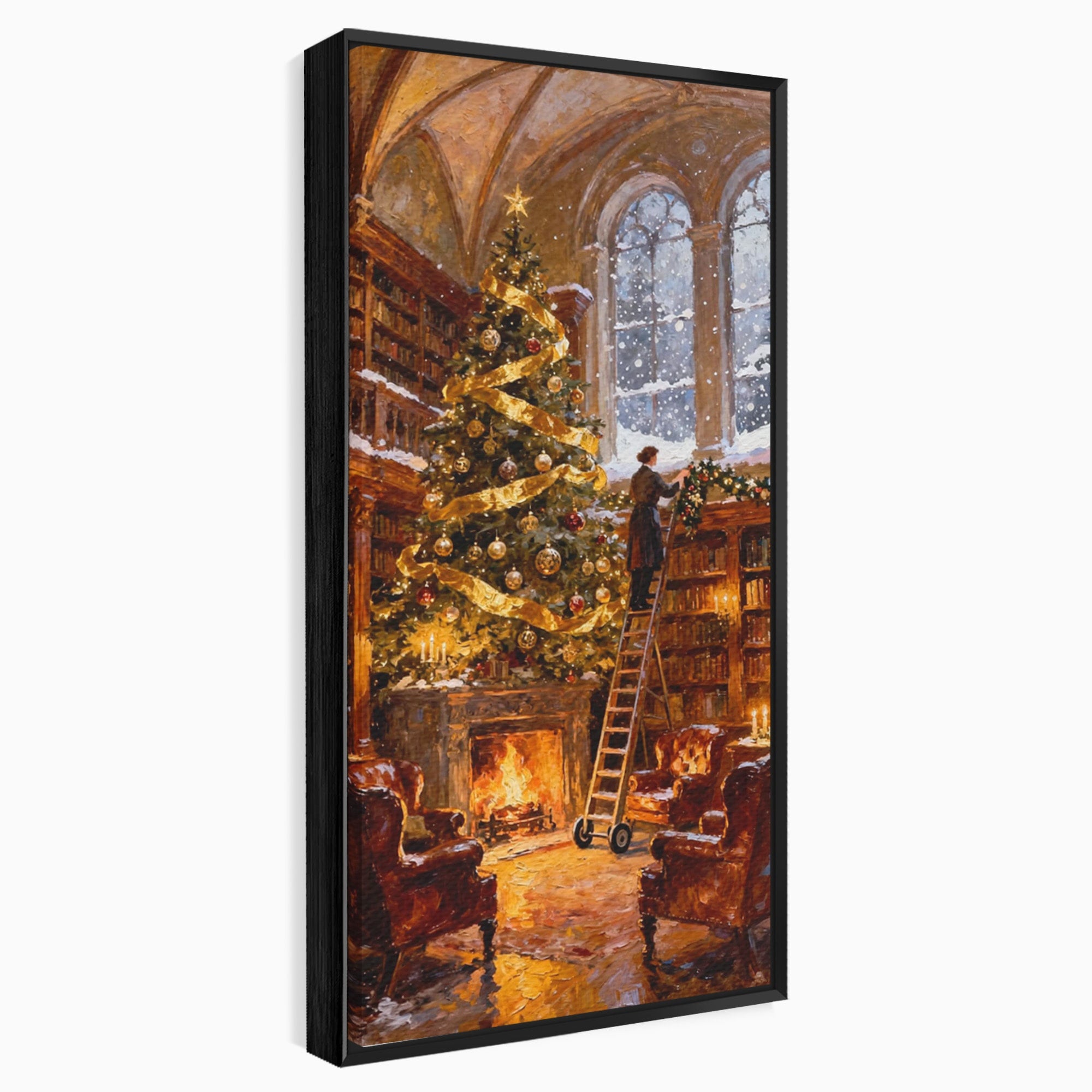 Tablou Canvas Premium LuxCanva® PI1334, Biblioteca De Craciun, Scara, Carti, Bibliotecar, Iarna, Culori Vibrante, Living, Dormitor