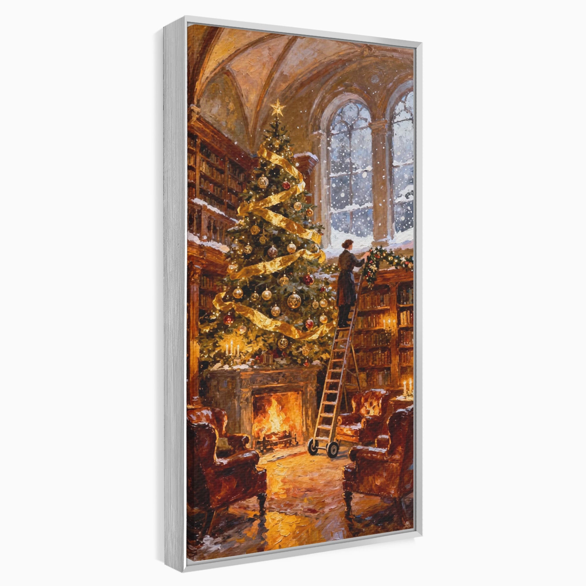 Tablou Canvas Premium LuxCanva® PI1334, Biblioteca De Craciun, Scara, Carti, Bibliotecar, Iarna, Culori Vibrante, Living, Dormitor
